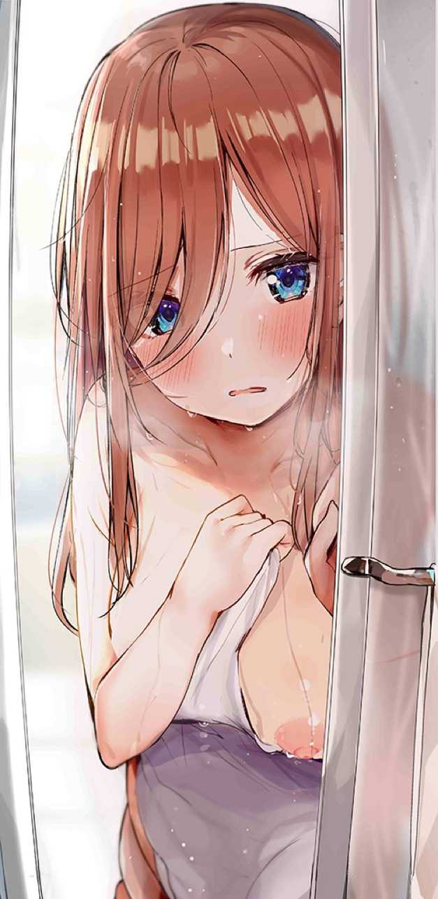 1girls after_bath blue_eyes blush breast_slip brown_hair embarrassed female_focus female_only go-toubun_no_hanayome large_breasts long_hair looking_at_viewer nakano_miku one-piece_swimsuit open_mouth rouka_(akatyann) shower_door sweatdrop towel towel_only