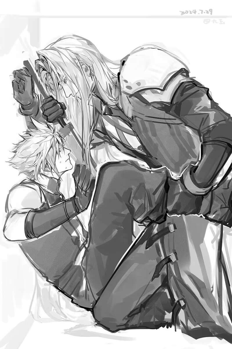 2boys against_wall boots clothed cloud_strife final_fantasy final_fantasy_vii fully_clothed gay gloves greyscale height_difference long_hair male/male no_sex on_floor one_leg_up sephiroth spiky_hair tagme tiandayu2022 villain yaoi