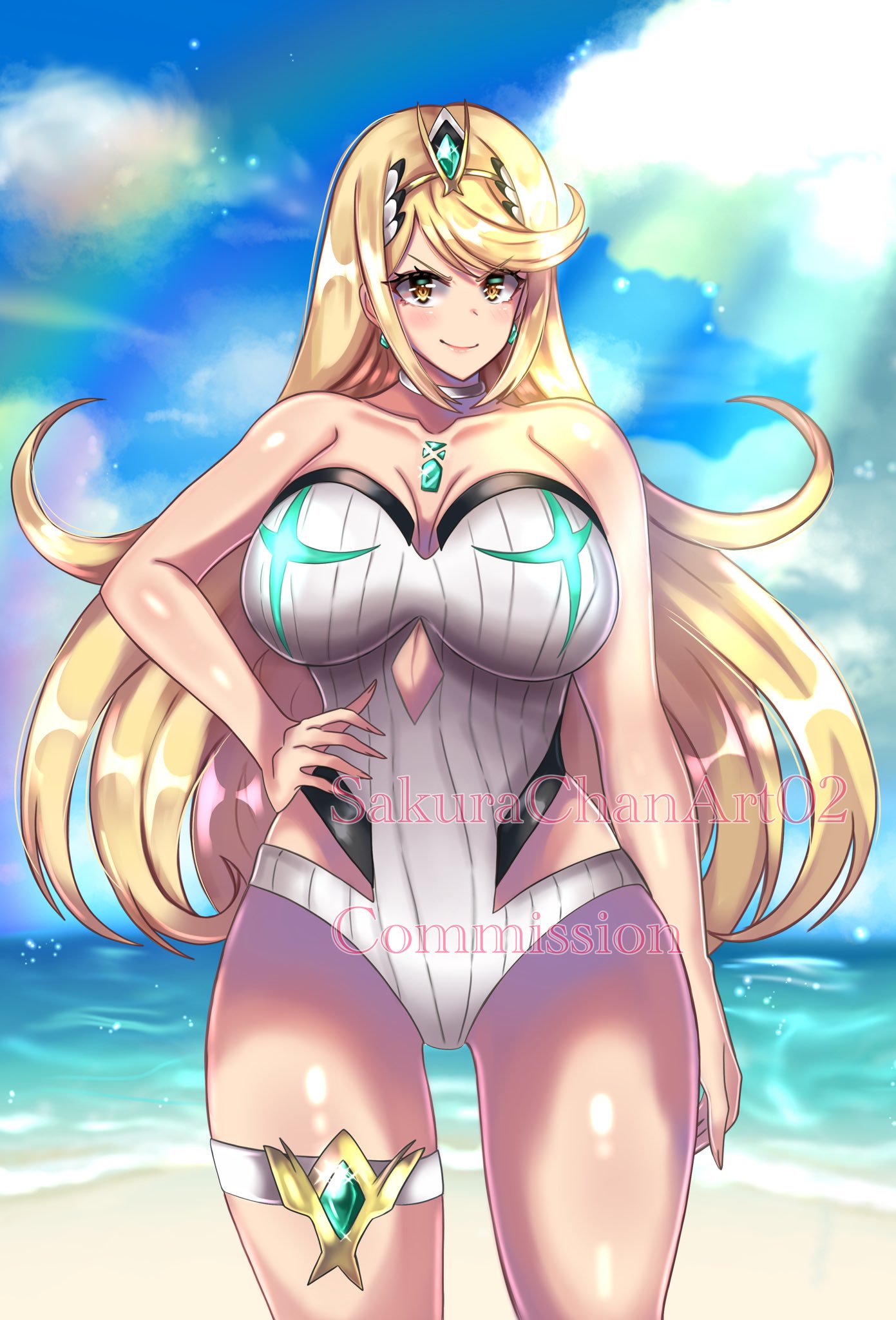 breasts female female_only mythra nintendo sakurachanart02 solo swimsuit watermark xenoblade_(series) xenoblade_chronicles_2