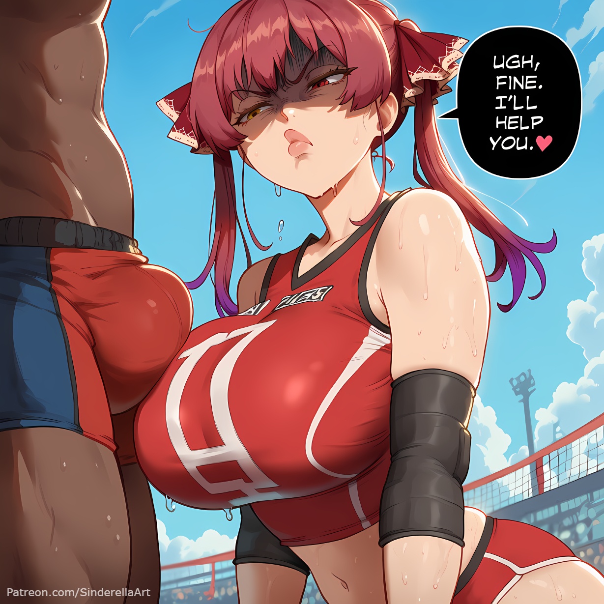 1boy, ai generated, bangs, blue sky, breasts, bulge, busty, caption, cheating, cloud, comic, comic page, commission, day, dialogue, english text, female, fit, hair ribbon, heart, heterochromia, hololive, hololive fantasy, hololive japan, houshou marine, huge breasts, indie virtual youtuber, interracial, large breasts, male, netorare, patreon, patreon url, patreon username, red eyes, red hair, sinderellaart, sky, straight, sweat, text, text bubble, thick, thick legs, thick thighs, toned female, twintails, virtual youtuber, volleyball, volleyball uniform, voluptuous, vtuber, yellow eyes, youtube, youtuber