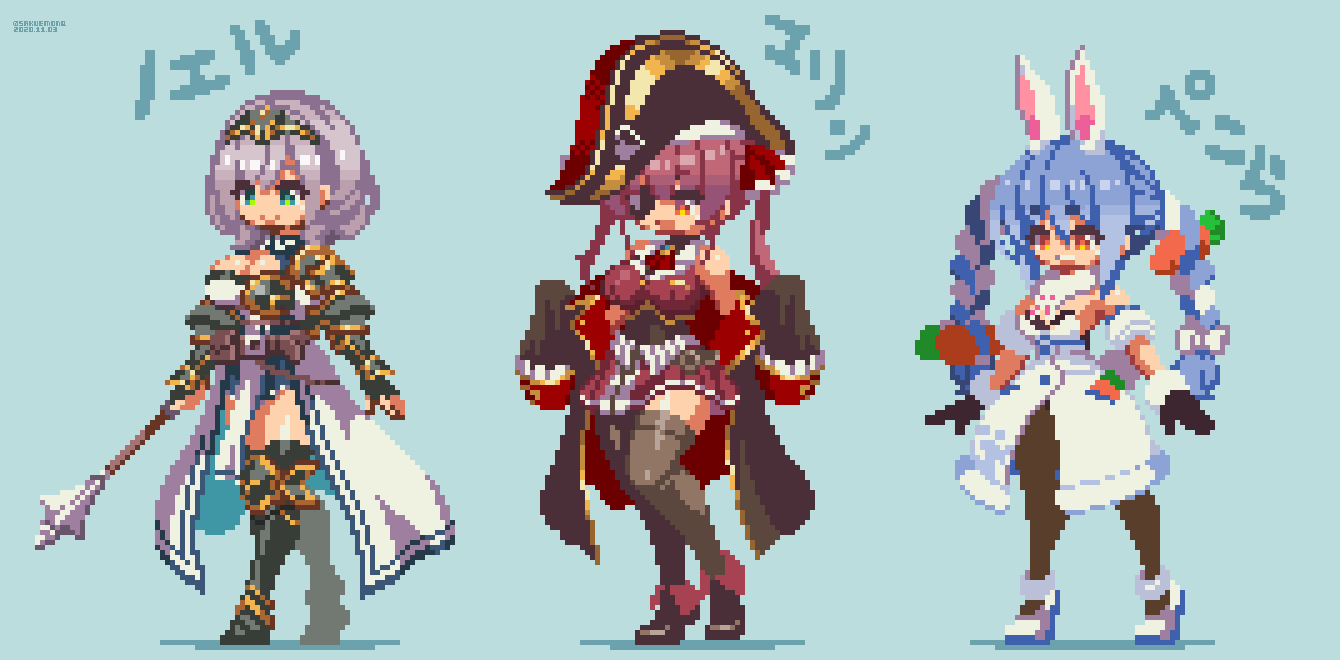 3girls fully_clothed hololive hololive_japan houshou_marine pixel_art sakuemon shirogane_noel tagme thick_thighs usada_pekora virtual_youtuber