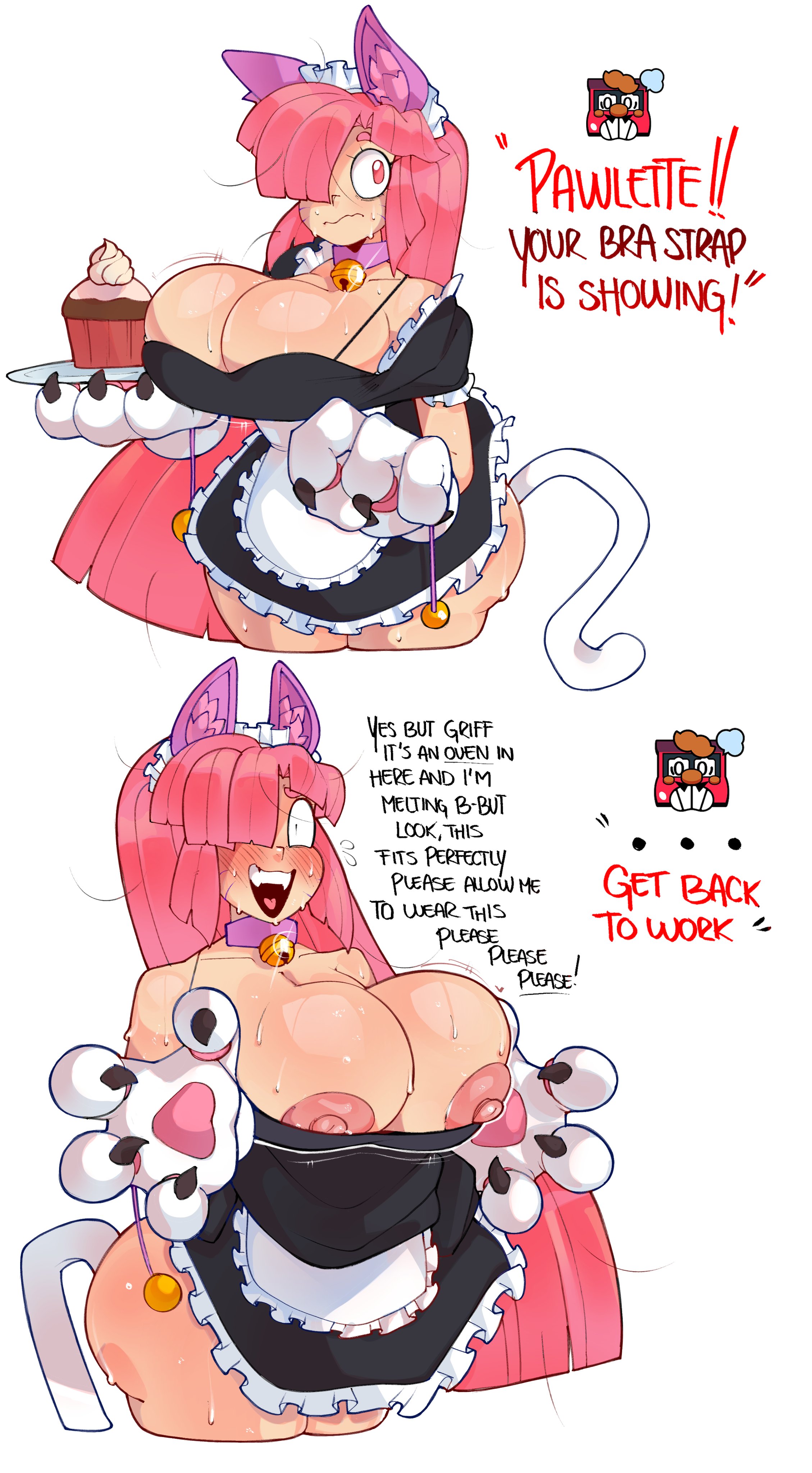 bean frown, bean mouth, big breasts, blush, blushing, bra strap, bra strap is showing (meme), brawl stars, breasts out, cat ears, cat girl, cat paws, cat tail, catgirl, colette (brawl stars), cupcake, dialogue, dress, embarrassed, embarrassed female, endorx, english text, female, female focus, gloves, griff (brawl stars), high quality, interaction, large breasts, light skin, light-skinned female, maid, maid apron, maid dress, maid outfit, maid uniform, necklace, nipples, paw gloves, paws, pink hair, pink hair female, pinku pawlette, tail, thick thighs, thighs, white background