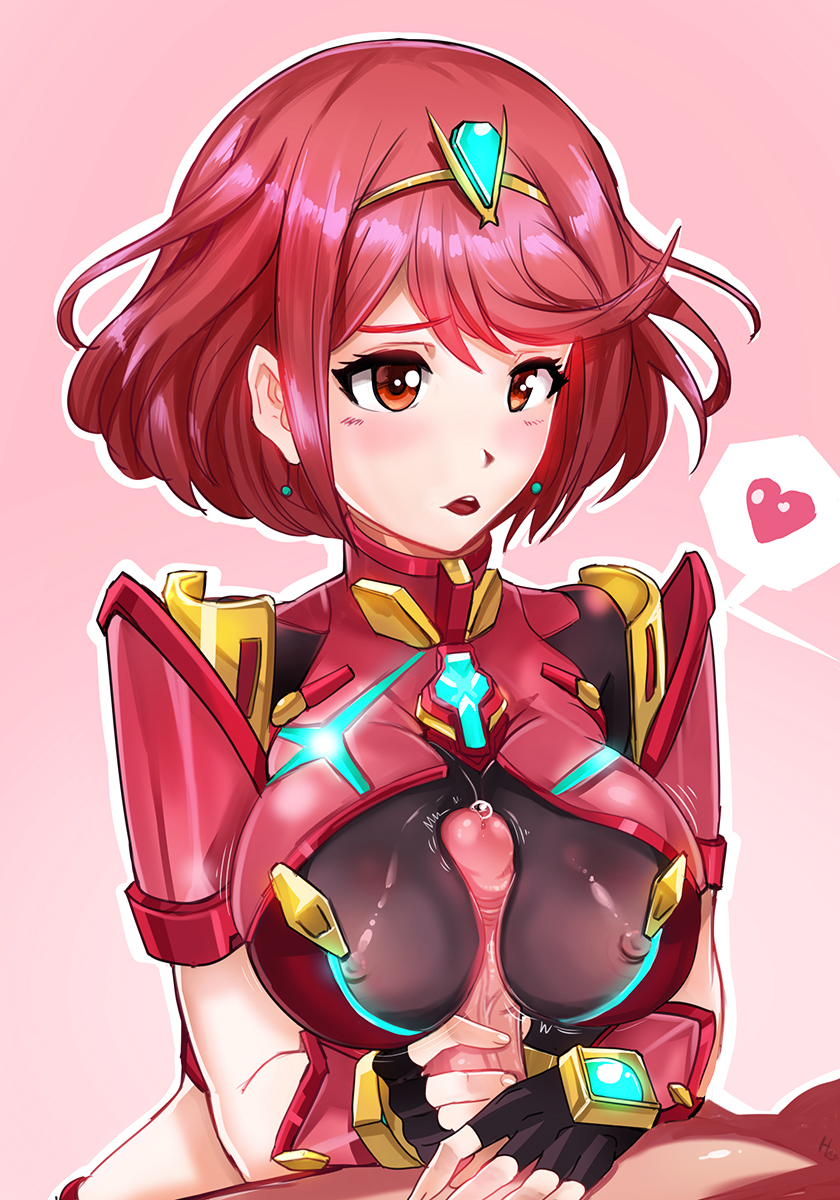 1boy, 1girls, armor, breasts, female, hmage, male, nintendo, nipples, paizuri, paizuri over clothes, pyra, red eyes, red hair, short red hair, xenoblade (series), xenoblade chronicles 2