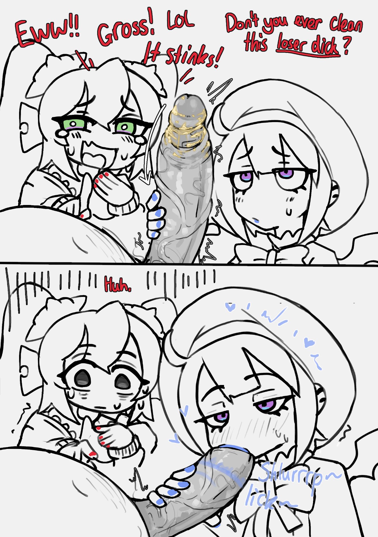 1boy, 2girls, colored nails, dopagaki, duel monster, fellatio, female, grin, hand on penis, holding penis, ki-sikil (yu-gi-oh!), lil-la (yu-gi-oh!), lipstick on penis, lipstick ring, live twin ki-sikil, live twin lil-la, male, oral, penis, penis in mouth, smegma, smug, smug face, staring at penis, uncensored, yu-gi-oh!
