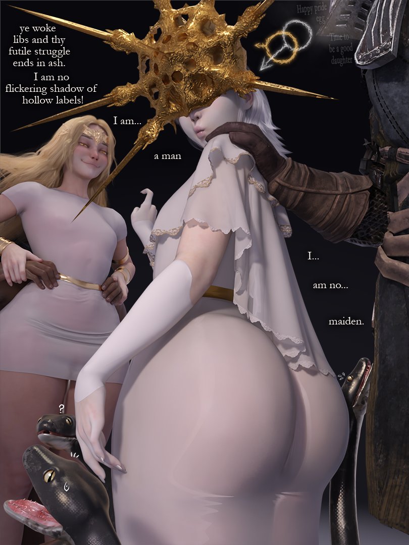bare_thighs big_ass bubble_ass bubble_butt dark_souls dark_sun_gwyndolin dialogue dialogue_bubble elden_ring exposed_thighs femboy fromsoftware gay huge_ass light-skinned_male light_skin male_on_femboy miquella multiple_boys popogori see-through see-through_clothes tagme