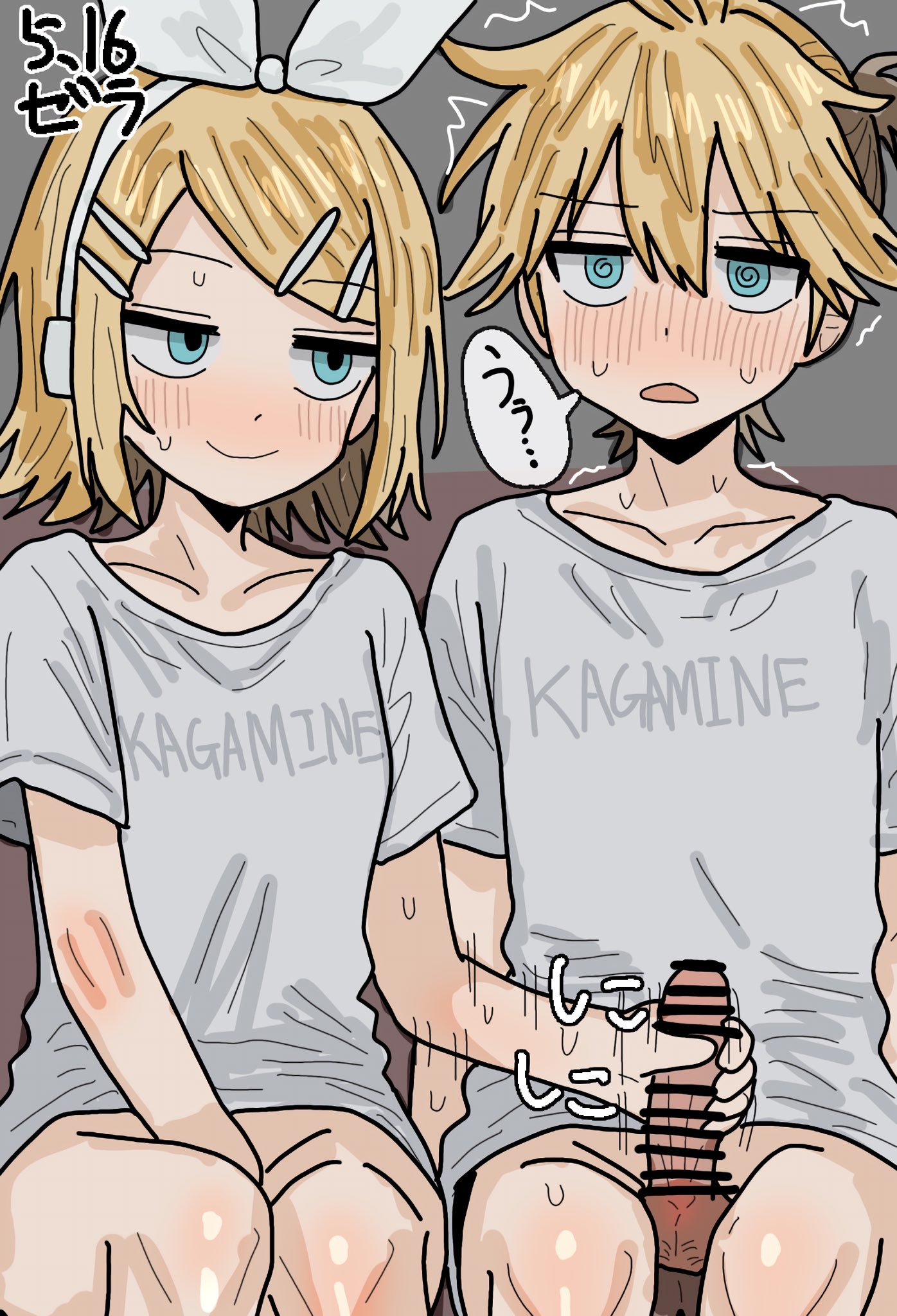 1boy, 1girls, blonde hair, blue eyes, blush, female, handjob, kagamine len, kagamine rin, masturbation, penis, sweat, vocaloid, zera20200532