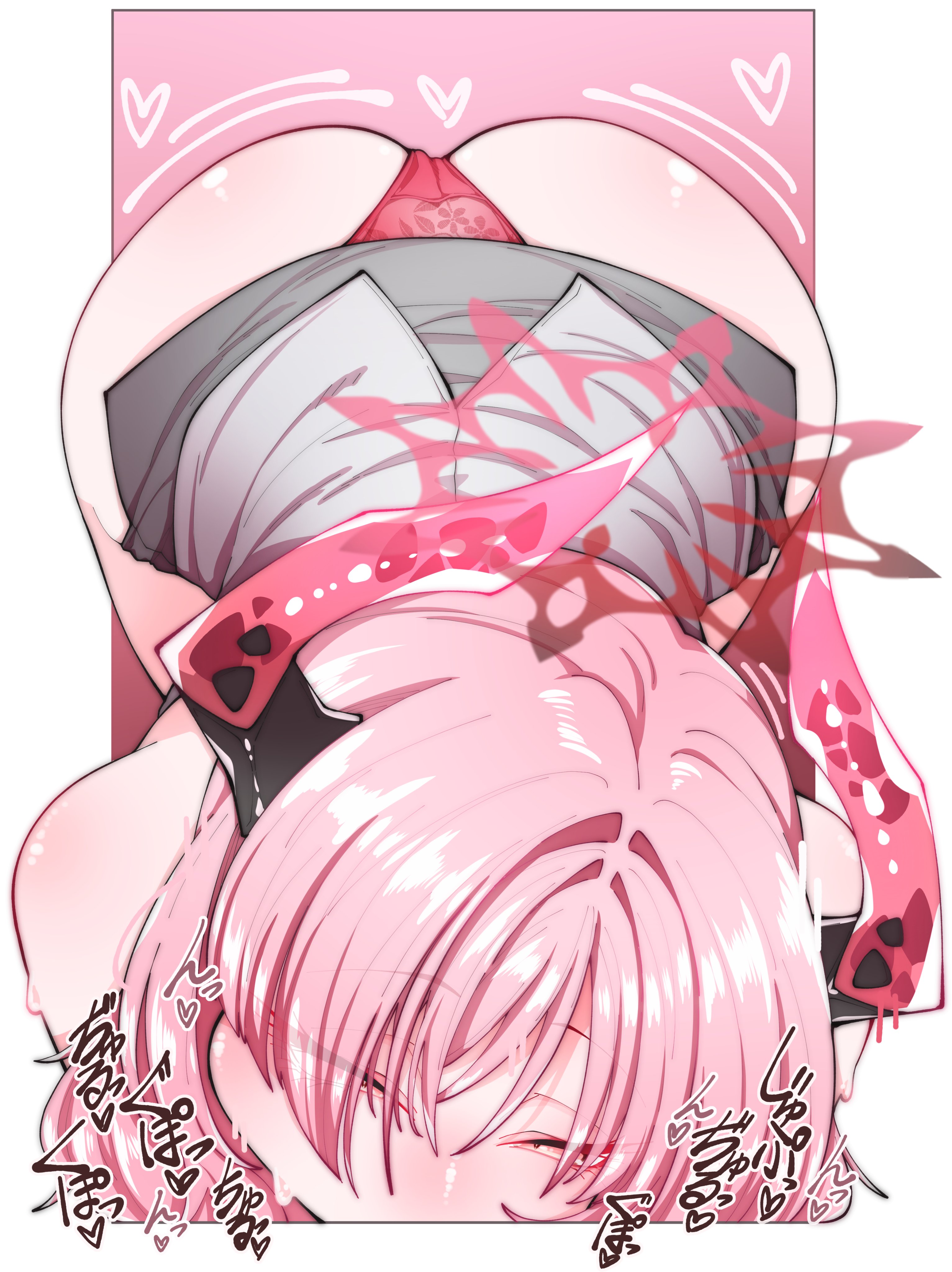 1girls, absurdres, aoielsol, ass, bent over, blue archive, demon girl, demon horns, halo, highres, horns, implied fellatio, long hair, looking at viewer, multicolored horns, panties, pencil skirt, red eyes, red halo, red horns, red panties, red skirt, satsuki (blue archive), skirt, solo, two-tone horns, underwear, white background