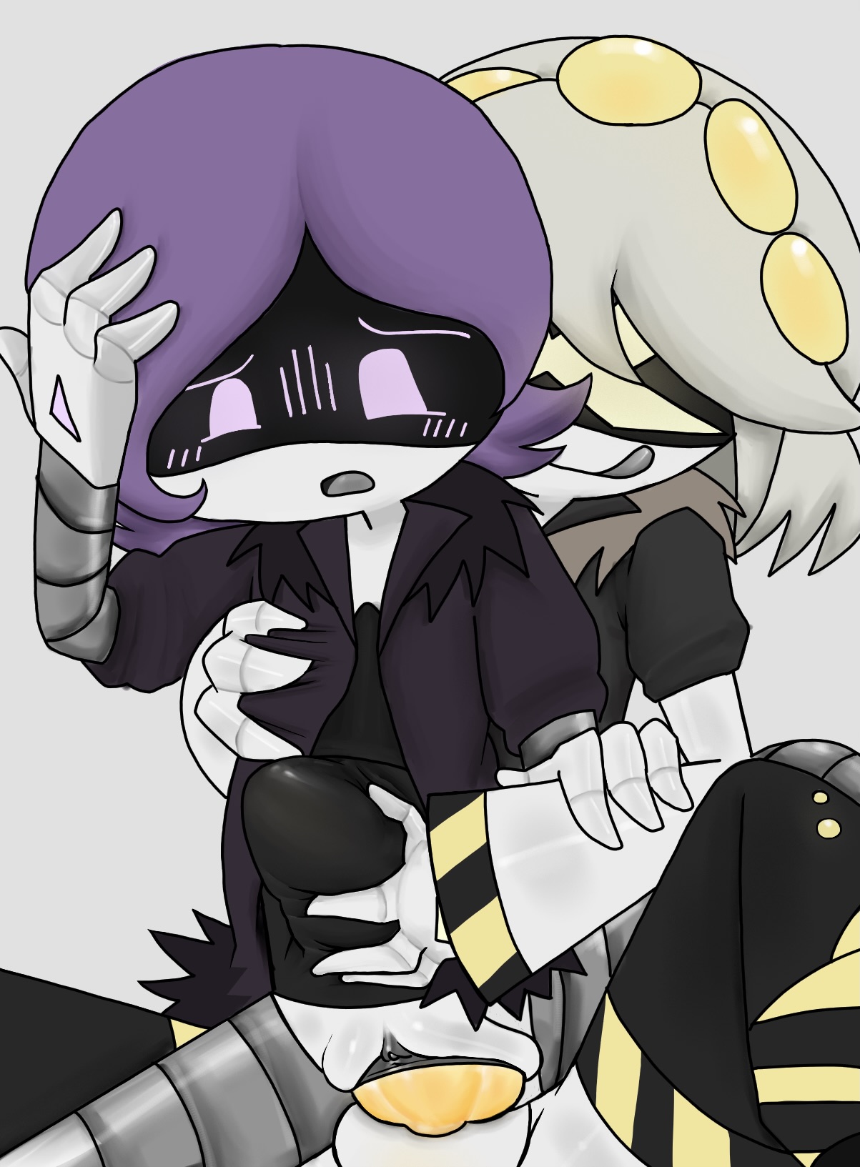 1futa, 1girls, abdominal bulge, abdominal bulge grab, blush, futa on female, futanari, knot, knotted penis, knotting, murder drones, penetration, purple eyes, purple hair, self upload, serial designation v, silver hair, stomach bulge, stomach deformation, uzi (murder drones), uzi doorman, v (murder drones), vaginal penetration, yellow eyes