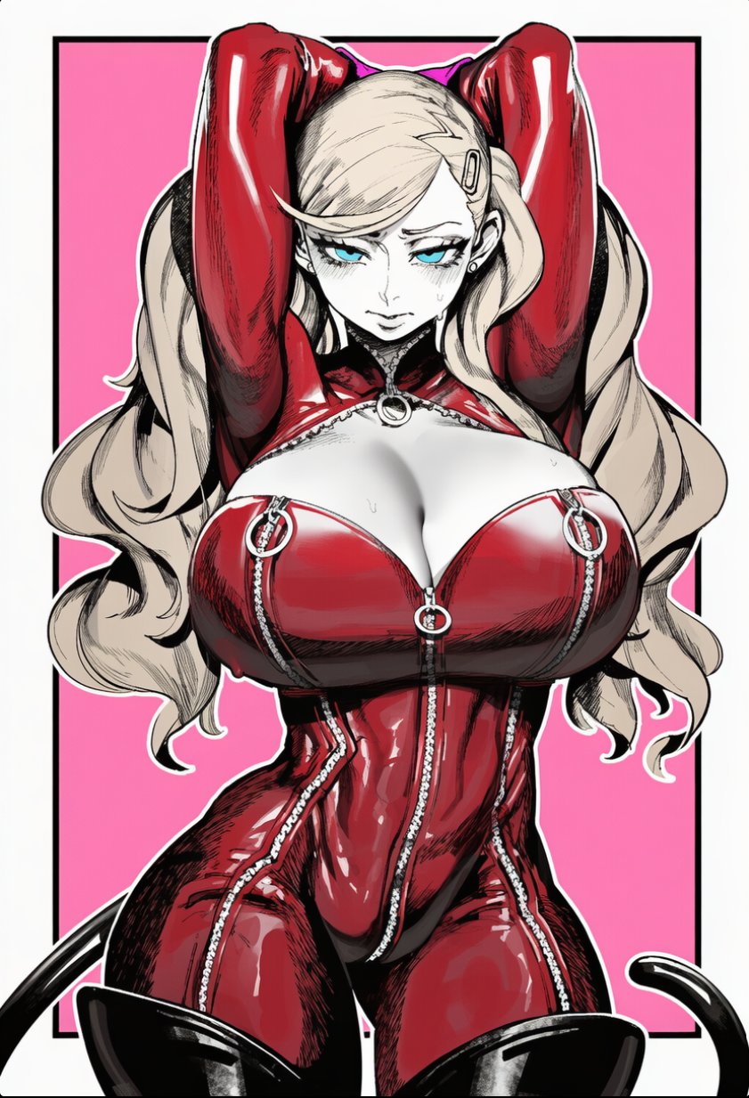 1girl, 2026, 2d, absurd res, absurd resolution, absurdres, ai generated, ann takamaki, arms behind head, arms up, blonde hair, blue eyes, bodysuit, boots, breasts, brutus (artist), cat tail, cleavage, cleavage cutout, full-length zipper, hair ornament, hairclip, hi res, high quality, high resolution, highres, huge breasts, image, large breasts, long hair, looking at viewer, persona, persona 5, pink background, red bodysuit, shiny skin, solo, sweat, tail, takamaki anne, thigh boots, thighhighs, twintails, uncensured, zipper