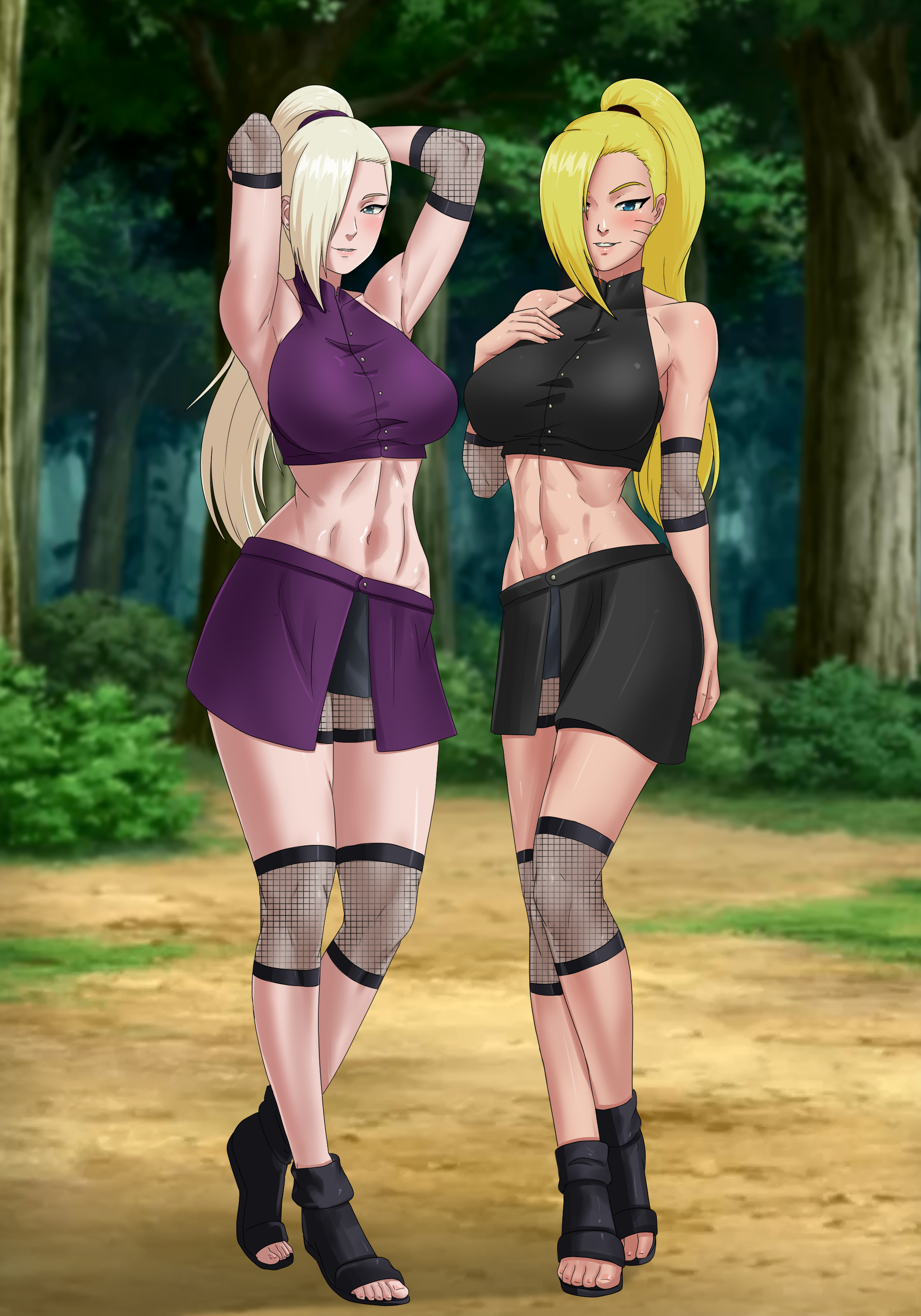 2girls, 7:10, abs, alternate hairstyle, amenoosa, armpits, arms behind head, arms up, artist name, bare shoulders, big breasts, black footwear, black skirt, blonde hair, blue eyes, blurry background, blush, breasts, canon genderswap, clothing, collarbone, cosplay, crop top, facial mark, female, female only, fishnets, fit, fit female, forest, full body, hair over one eye, hand on own chest, hi res, high resolution, highres, ino yamanaka, ino yamanaka (cosplay), large breasts, light skin, light-skinned female, long hair, looking at viewer, midriff, multiple girls, muscular, naruko, naruto, naruto (series), naruto shippuden, nature, navel, outdoors, outside, patreon username, ponytail, purple skirt, sandals, seductive, seductive look, seductive pose, seductive smile, skirt, sleeveless, smile, standing, stomach, toeless footwear, toes, toned, tree, uzumaki naruto, web address, whisker markings