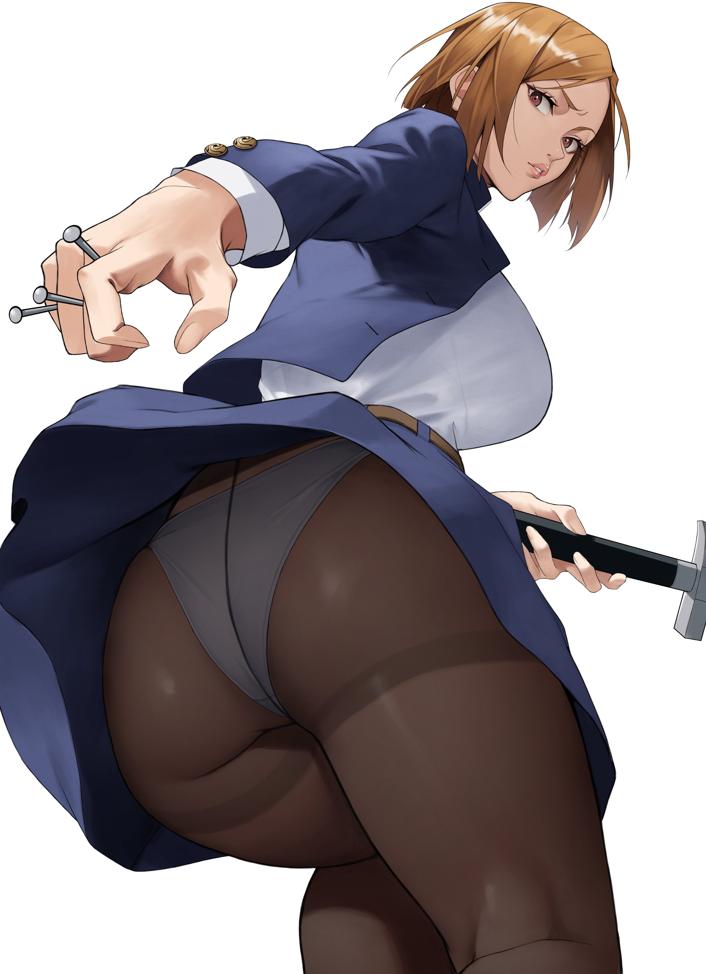 1girls, ass, ass focus, auburn hair, big ass, big boobs, big breasts, big butt, black pantyhose, boobs, breasts, butt, jujutsu kaisen, kugisaki nobara, large ass, large boobs, large breasts, large butt, light skin, light-skinned female, looking at viewer, looking back, looking back at viewer, nails, nobara kugisaki, pantyhose, solo, solo female, solo focus, thick thighs, thighs, yoshi55level, yoshio (55level)