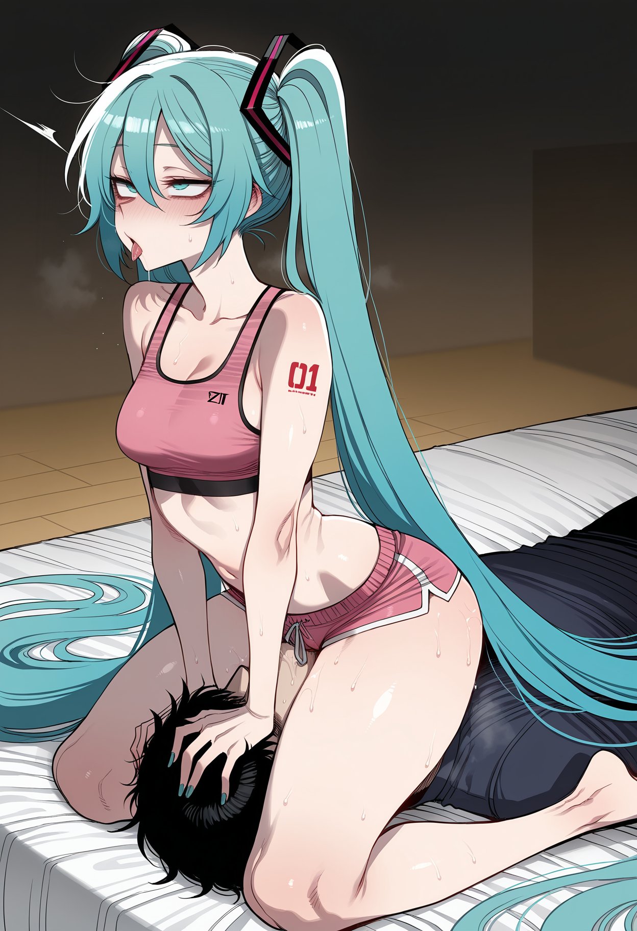 1boy, 1girl, ai generated, aqua eyes, aqua hair, aqua nails, asphyxiation, bare arms, bare legs, bare shoulders, barefoot, bed, black hair, blue eyes, blush, bra, breasts, cleavage, clothing, cunnilingus, dolphin shorts, female, girl on top, green nails, hair between eyes, hands on another's head, hatsune miku, hetero, indoors, long hair, lying, male, medium breasts, nail polish, navel, nyanclaire, open mouth, oral, pink shorts, pink sports bra, rolling eyes, saliva, shirt, short shorts, shorts, sitting, sitting on face, sitting on person, small breasts, sports bra, sweat, tattoo, thighs, tongue, tongue out, twintails, very long hair, vocaloid, wooden floor