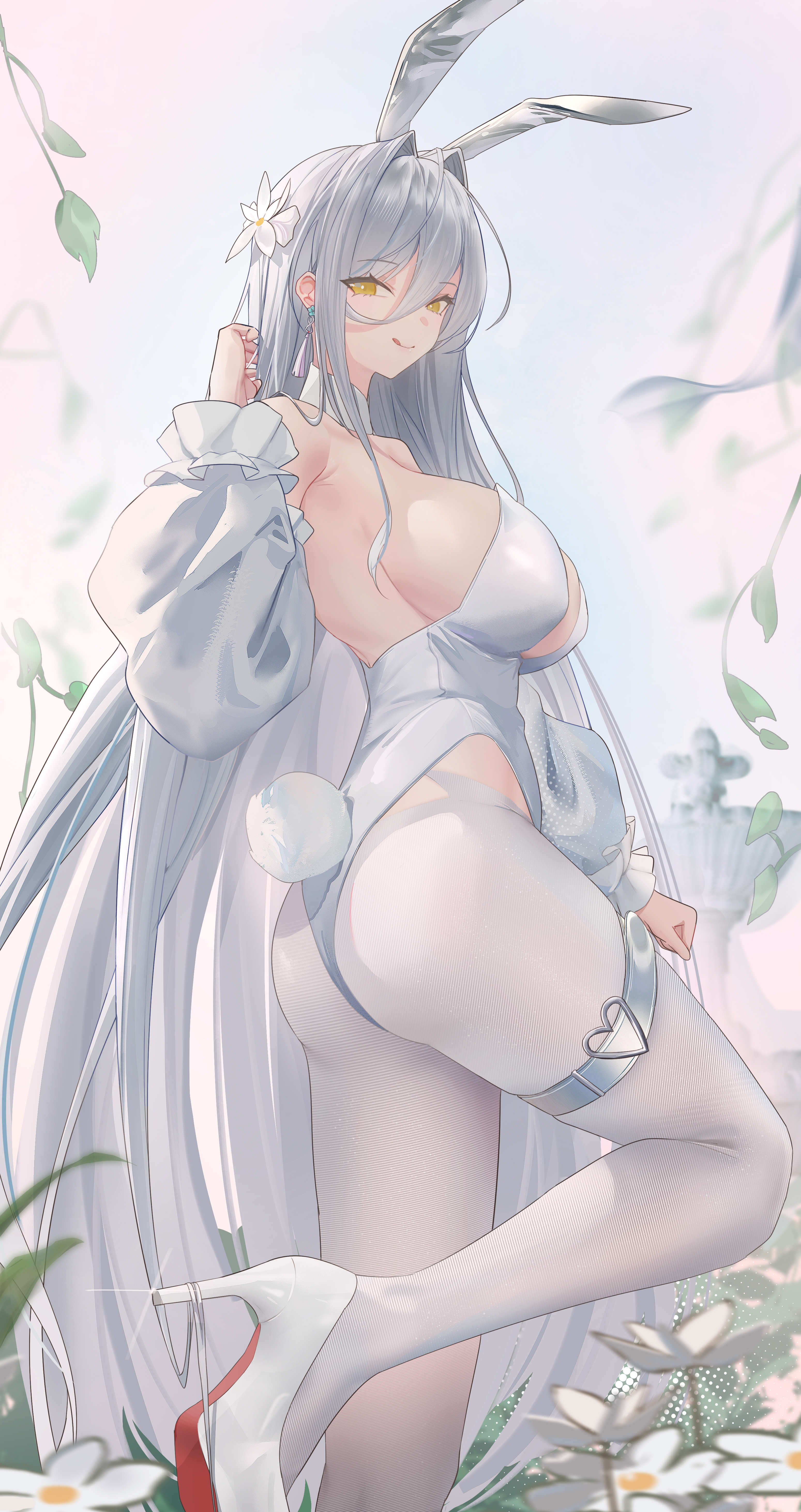1girl, 1girls, absurd res, alternate costume, animal ear hairband, animal ears, armpit crease, artist request, ass, azur lane, breasts, bunny ears, bunny tail, bunnysuit, cleavage, detached sleeves, fake animal ears, hair intakes, hairband, hakuhou (azur lane), high heels, highres, large breasts, long hair, looking at viewer, pantyhose, playboy bunny, rabbit ears, rabbit tail, solo, strapless, strapless leotard, tail, tongue, tongue out, white hair, white leotard, white pantyhose, yellow eyes