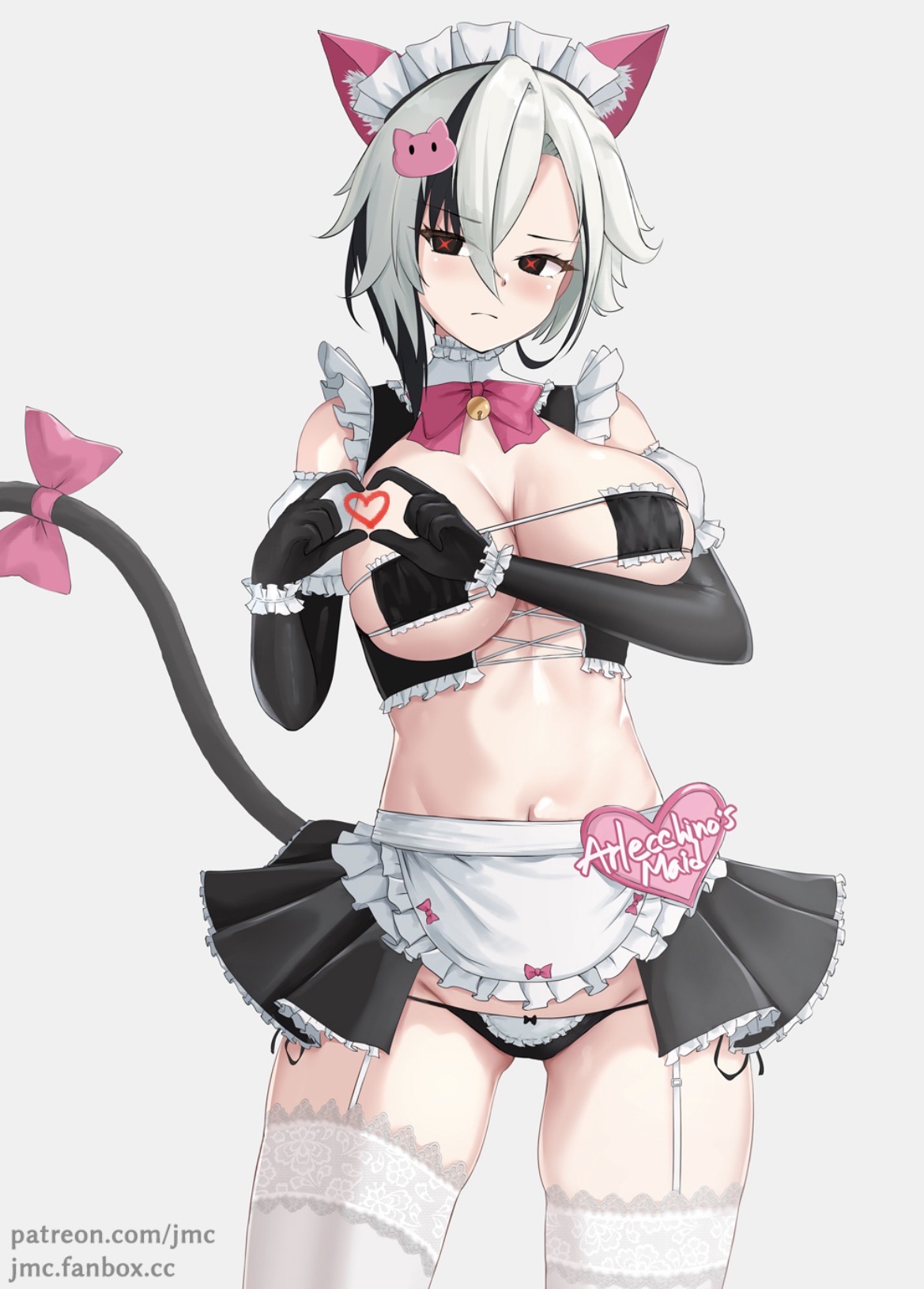 arlecchino (genshin impact), big breasts, busty, cat ears, cat tail, curvy, genshin impact, heart hands, maid, maid bikini, out of character, revealing clothes, v line, white hair