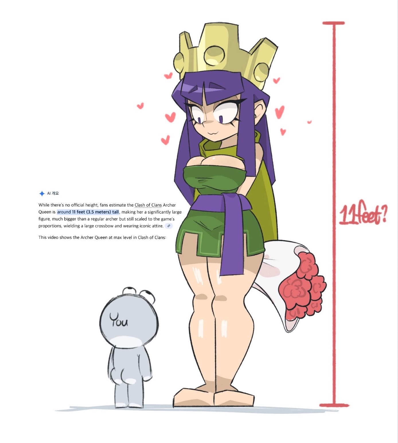1boy, 1girls, archer queen (clash of clans), bestankk, canonical scene, cartoony, clash royale, crown, english text, feet, flower bouquet, giantess, large breasts, long hair, looking down, purple eyes, purple hair, size difference, smile, stylized