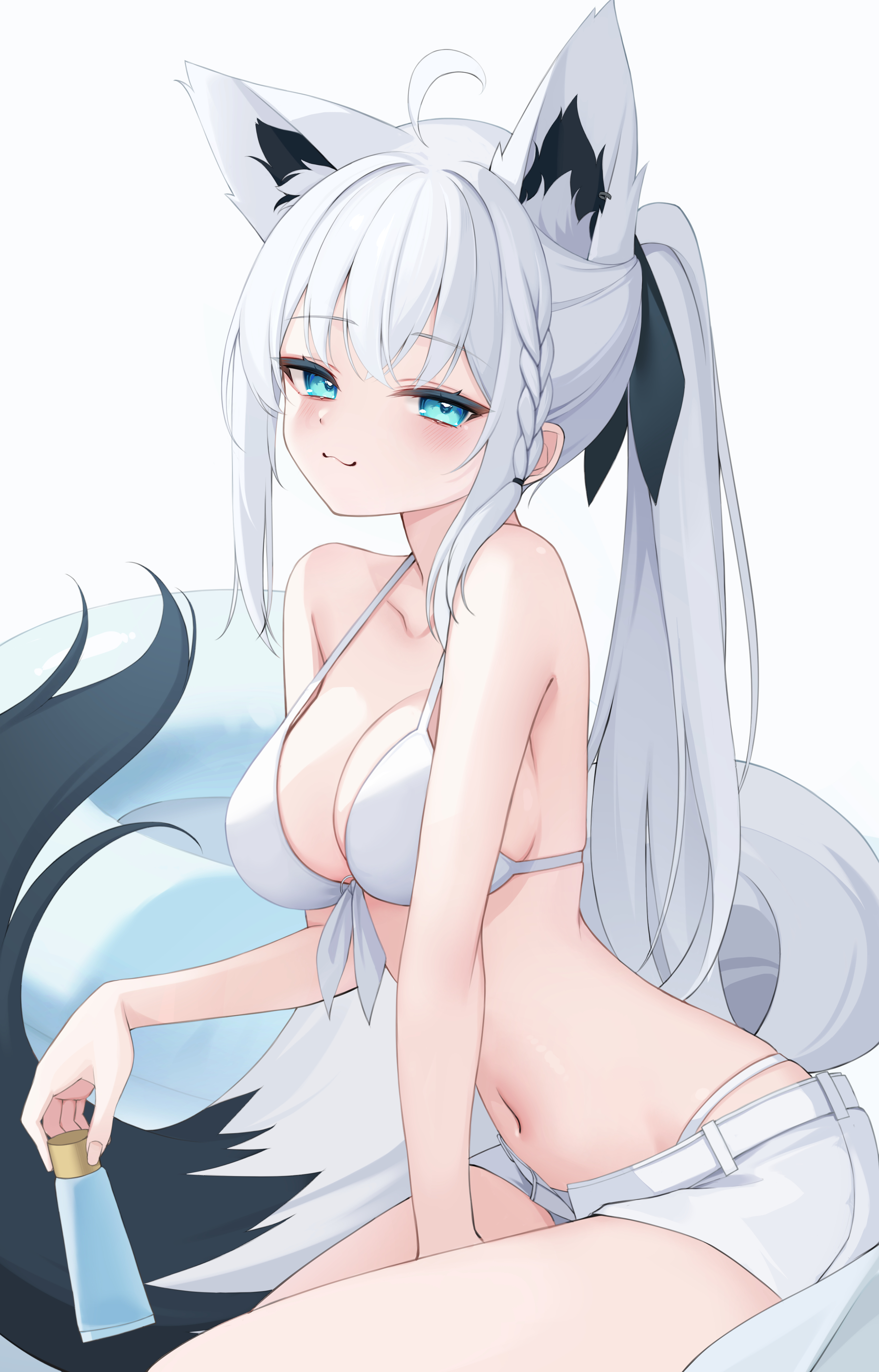 :3, 1girls, absurdres, ahoge, alternate costume, animal ear piercing, animal ears, aqua eyes, bikini, bikini bottom under shorts, bikini under clothes, braid, breasts, closed mouth, commentary request, double-parted bangs, fox ears, fox girl, fox tail, front-tie bikini top, front-tie top, hair between eyes, highleg, highleg bikini, highres, hololive, large breasts, long hair, looking at viewer, navel, open fly, ponytail, shin insh, shirakami fubuki, short shorts, shorts, side braid, simple background, sitting, solo, stomach, swimsuit, tail, very long hair, virtual youtuber, white background, white bikini, white hair