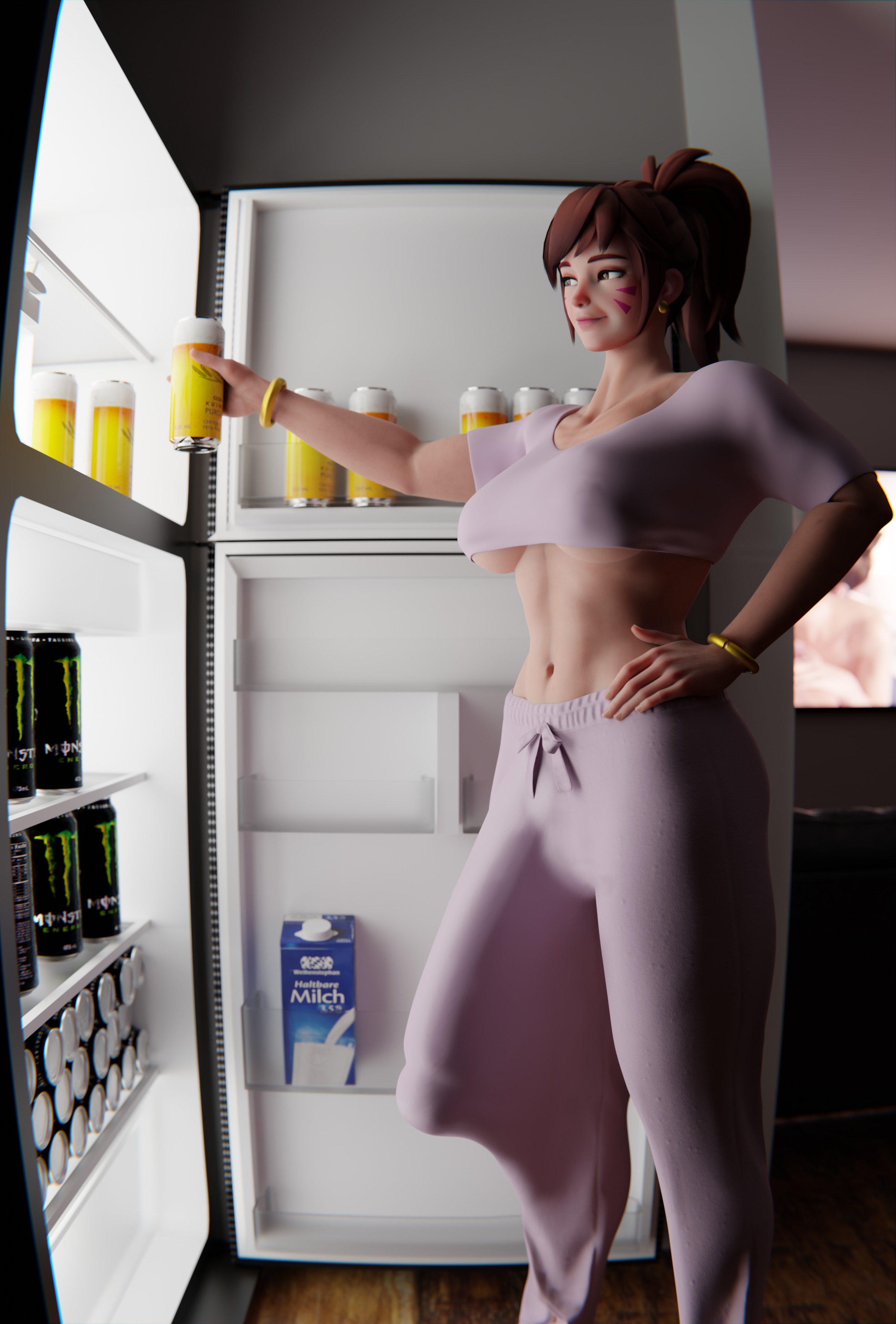 1futa, 3d, absurd res, big penis, boner, bulge, bulge through clothing, crop top, d.va, erection, highres, huge breasts, huge penis, hyper, hyper penis, large penis, light skin, light-skinned futa, long penis, overwatch, penis longer than knee, ponytail, pyjamas, solo futa, sourcemaker, underboob