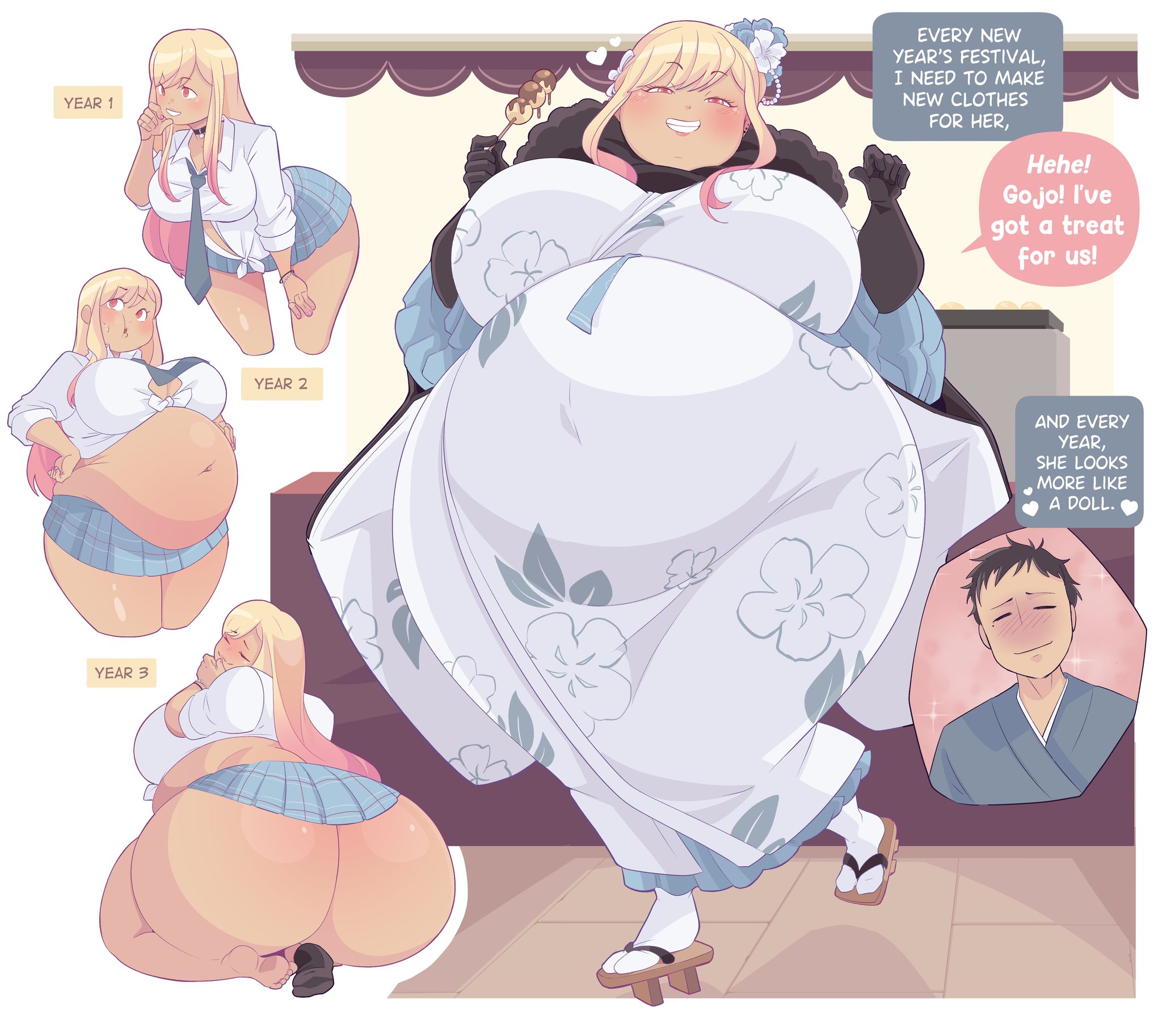 1boy, 1girls, ass expansion, belly expansion, big ass, big belly, big breasts, breast expansion, button down shirt, button gap, dialogue, expansion, gojou wakana, gyaru, kitagawa marin, my dress up darling, navel, softservice, tagme, tanned, tanned skin, thin waist, underskirt, weight gain, wide hips