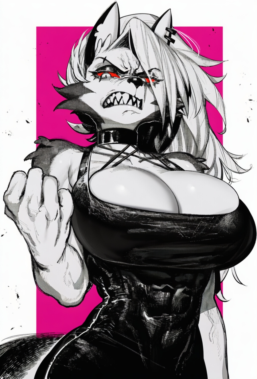 1girl, 2026, 2d, absurd res, absurd resolution, absurdres, ai generated, angry, animal ears, breasts, brutus (artist), cleavage, clenched hand, clenched teeth, collar, dress, furry, furry female, helluva boss, hi res, high quality, high resolution, highres, image, large breasts, long hair, looking at viewer, loona (helluva boss), monochrome, muscular, muscular female, red eyes, sharp teeth, shiny skin, snout, solo, spot color, tail, teeth, uncensured, wolf ears, wolf girl, wolf tail