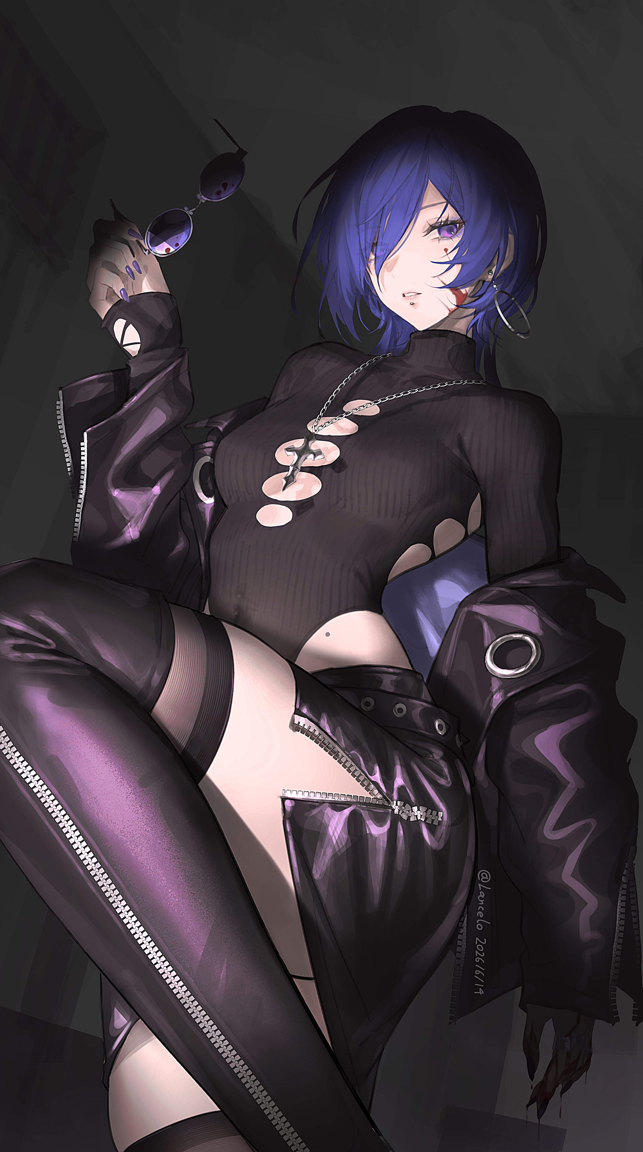 1girl, 1girls, absurd res, artist request, black boots, blood, blood on face, boots, cross, cross necklace, earrings, female, female focus, hair over one eye, highres, holding, jewelry, knee up, looking at viewer, mole, mole on stomach, necklace, parted lips, promeia (zenless zone zero), purple eyes, solo, solo female, sunglasses, thigh boots, zenless zone zero, zipper