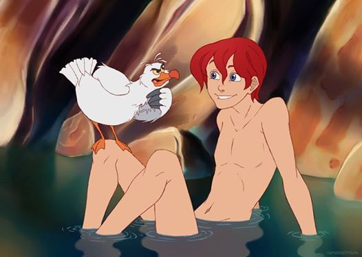 1boy ariel bird biting_lip biting_own_lip disney femboy male_only red_hair rule_63 scuttle smile the_little_mermaid wet_hair