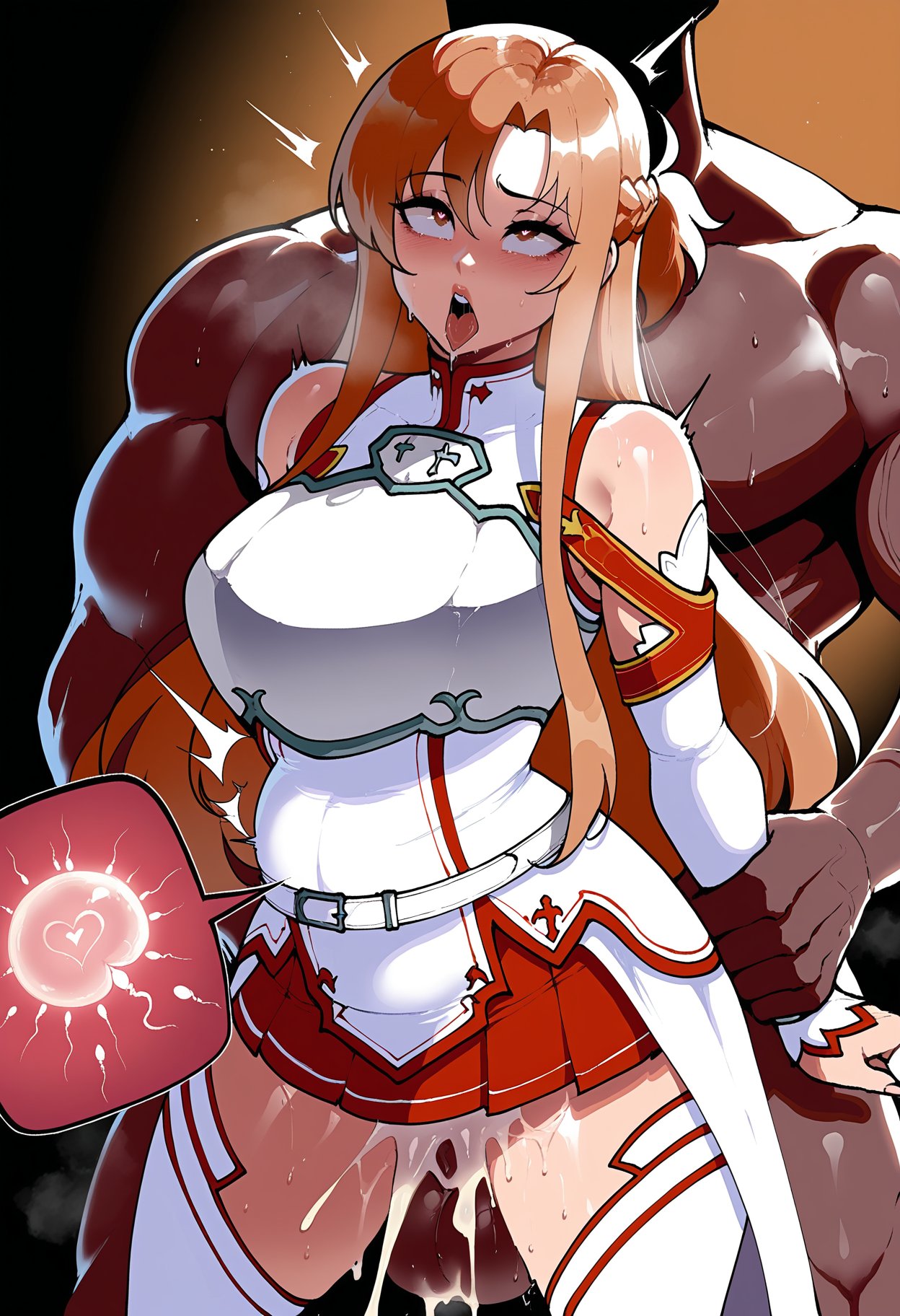 1boy, 1girl, ahe gao, ahegao, ai generated, arm grab, armor, asuna (sao), bare shoulders, belt, blush, braid, breastplate, breasts, brown eyes, brown hair, bunnyart02, clothed female nude male, clothed sex, clothing, cross-section, cum, cum in pussy, cum inflation, cum overflow, cumdrip, dark skin, dark-skinned male, detached sleeves, dress, female, fertilization, french braid, fucked silly, heart-shaped pupils, hetero, holding another's wrist, impregnation, inflation, internal cumshot, interracial, large breasts, legwear, long hair, male, miniskirt, muscular, muscular male, nakadashi, netorare, nude, open mouth, ovum, penis, pleated skirt, red skirt, rolling eyes, saliva, semen, sex, sex from behind, skirt, solo focus, sperm cell, standing, standing sex, stomach bulge, sweat, sword art online, symbol-shaped pupils, tears, teeth, testicles, thighhighs, thighs, tongue, tongue out, vaginal, white armor, white belt, white dress, white sleeves, white thighhighs, yuuki asuna