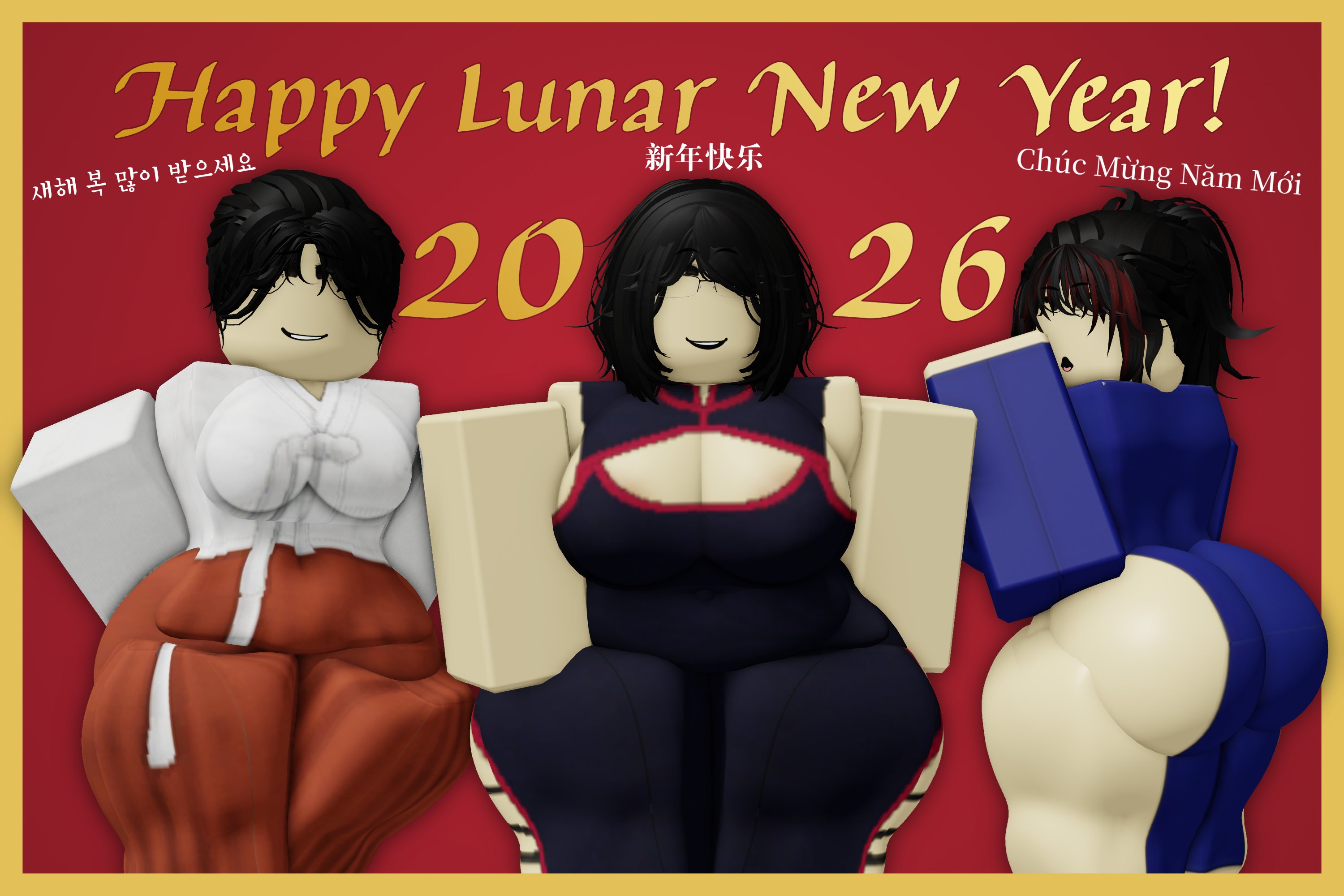 3d, 3girls, ass, big ass, big breasts, breasts, cleavage, clothing, female only, international, lunar new year, medium breasts, roblox, robloxian, tagme, text, thick thighs, thighs, vinarr34