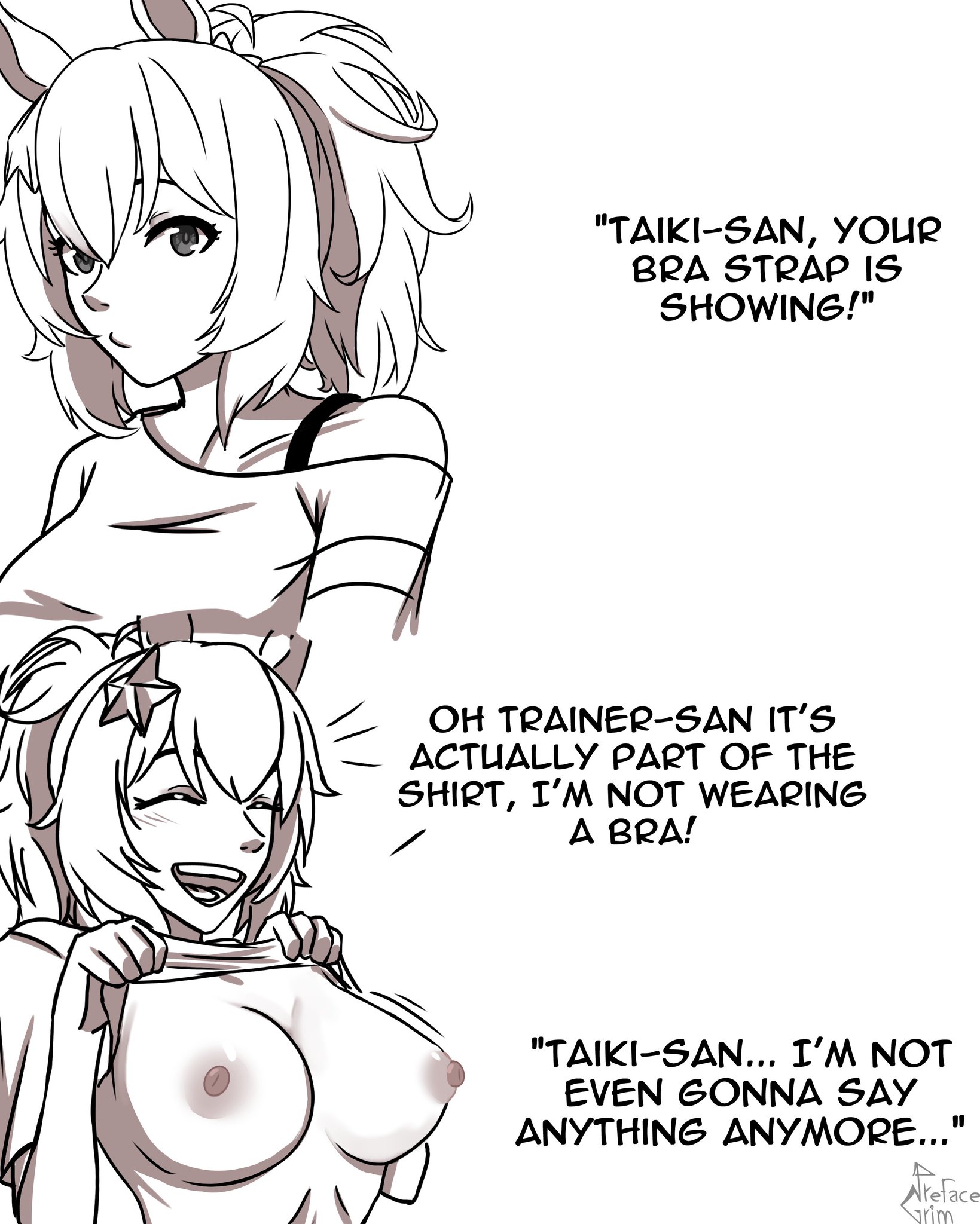 bra strap, bra strap is showing (meme), bra strap slip, female, female only, flashing, flashing breasts, horse ears, horse girl, prefacegrim, taiki shuttle (umamusume), umamusume