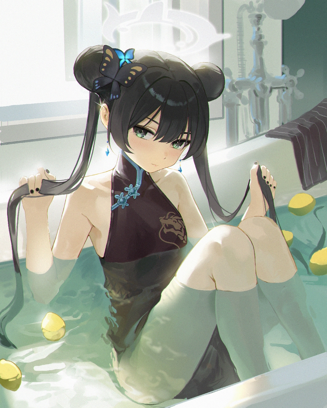 1girl, 1girls, 2026, artist request, bath, bathing, black dress, black hair, black nails, blue archive, braid, braided bun, breasts, butterfly hair ornament, chinese clothes, coat, double bun, dragon print, dress, earrings, female, female focus, food, fruit, grey eyes, hair bun, hair ornament, halo, hands up, highres, in bathtub, indoors, jewelry, kisaki (blue archive), knees up, lemon, long hair, looking at viewer, partially submerged, petite, print dress, sitting, sleeveless, small breasts, solo, solo female, solo focus, striped coat, twintails, unworn coat, vertical-striped clothes, water
