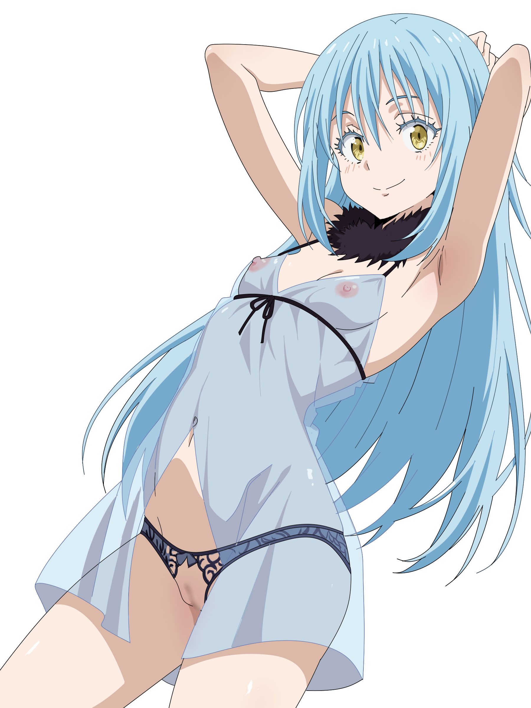 1girl, absurdres, akinoya, armpits, arms behind head, arms up, babydoll, black panties, blue babydoll, blue hair, blur censor, breasts, censored, closed mouth, commentary request, covered navel, female, female only, from below, genderswap, genderswap (otf), hair between eyes, highres, lace, lingerie, long hair, navel, nipples, panties, pussy, rimuru tempest, see-through clothes, simple background, small breasts, smile, tensei shitara slime datta ken, thighs, underwear, white background, yellow eyes