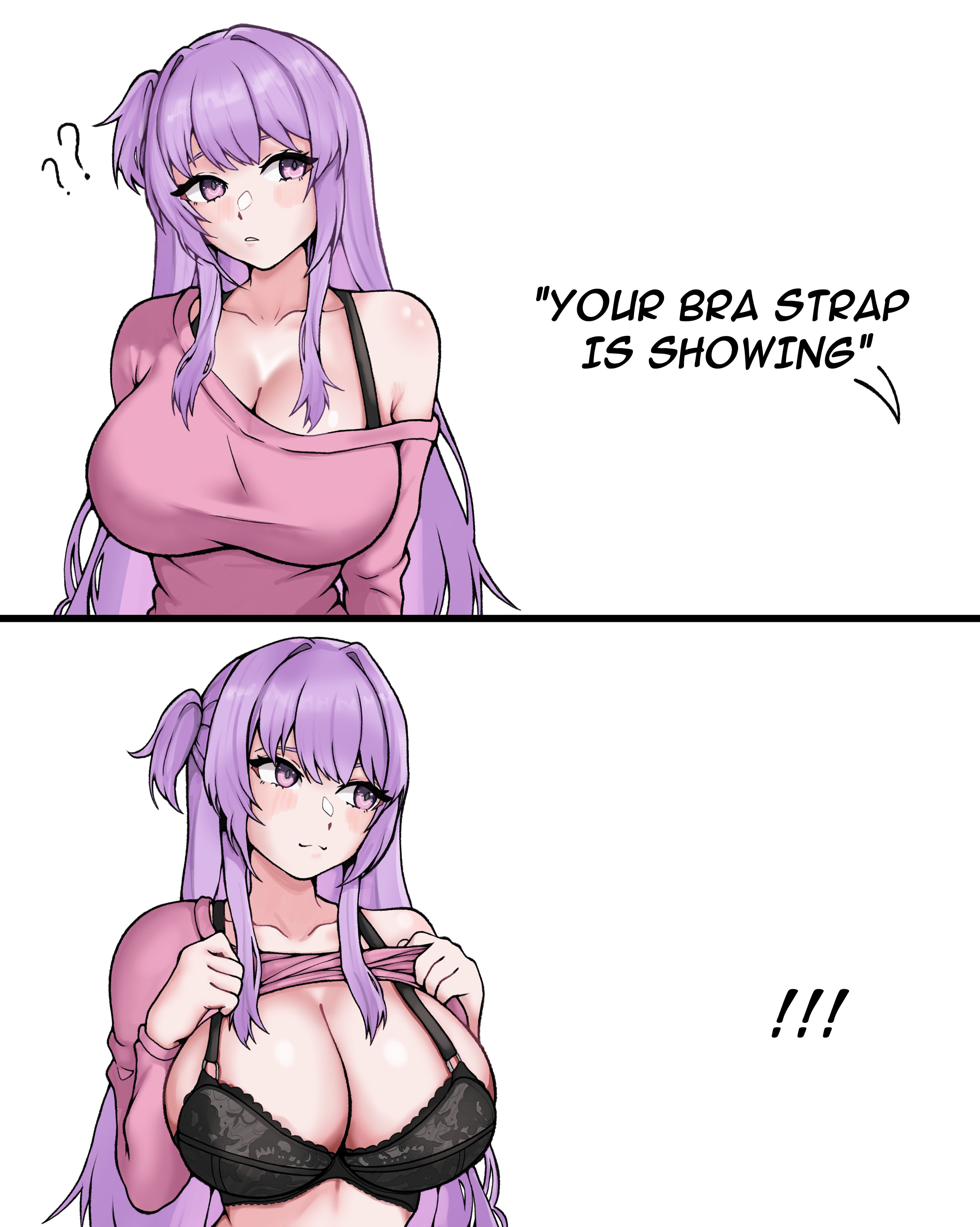 1girls, 2koma, black bra, blush, bra, bra strap, bra strap is showing (meme), breasts, cleavage, english text, female, female only, gamingbuss13883, huge breasts, ikumi nasai, indie virtual youtuber, light skin, light-skinned female, meme, purple eyes, purple hair, shirt, shirt lift, shirt lifted by self, solo, text, virtual youtuber