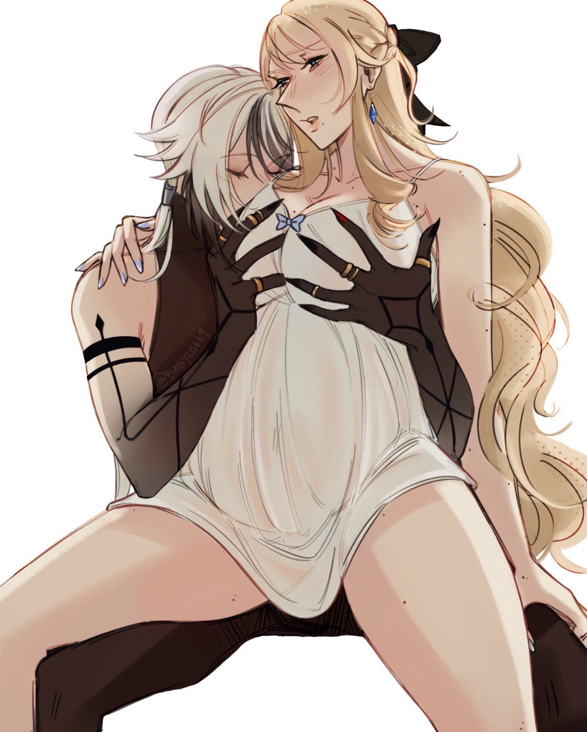 2girls, arlecchino (genshin impact), babylo669, big breasts, couple, female, female only, fondling breast, genshin impact, hands on breasts, legs apart, navia (genshin impact), pregnant, pregnant female, sitting on lap, yuri