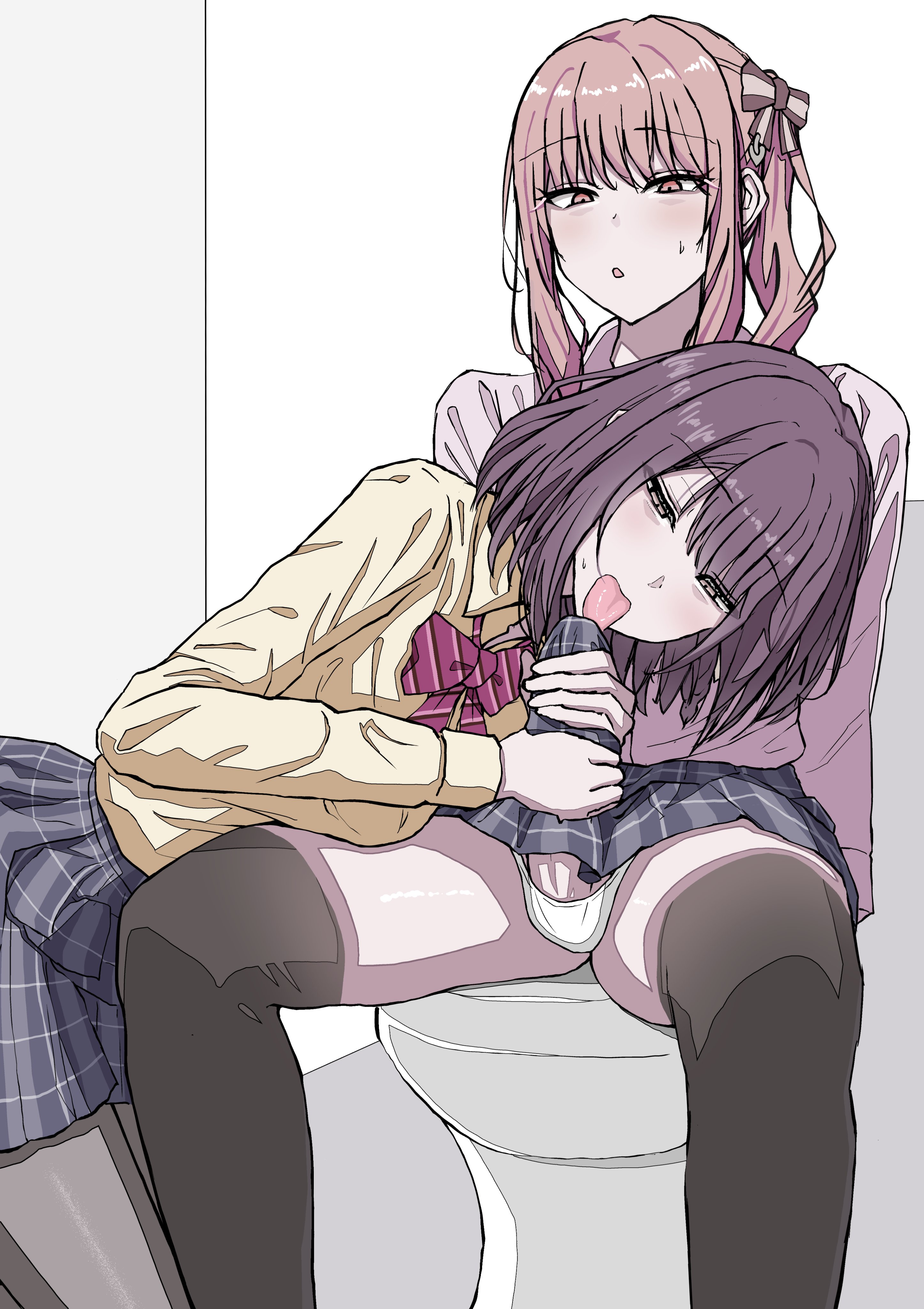 2girls, akiyama mizuki, brown hair, chin gero, oral, penis, pink hair, project sekai, shinonome ena, through clothes, toilet, tongue, trans woman, transfem, transgender