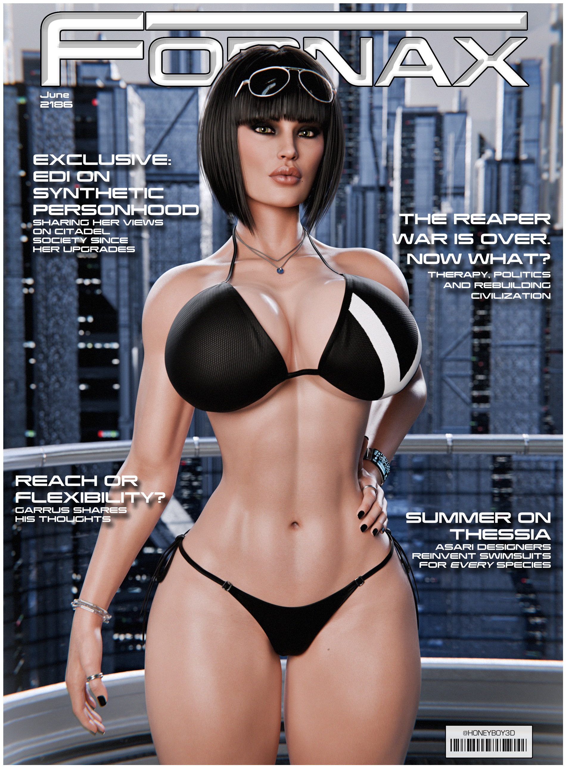 1female, 3d, artist name, big breasts, bikini, bob cut, dark hair, edi, edi (human), edi (rigid3d), fake breasts, female, female only, fit, fit female, fornax, honeyboy3d, implants, jewelry, looking at viewer, magazine cover, mass effect, necklace, self upload, sunglasses, swimwear, text, thick thighs, voluptuous, wide hips