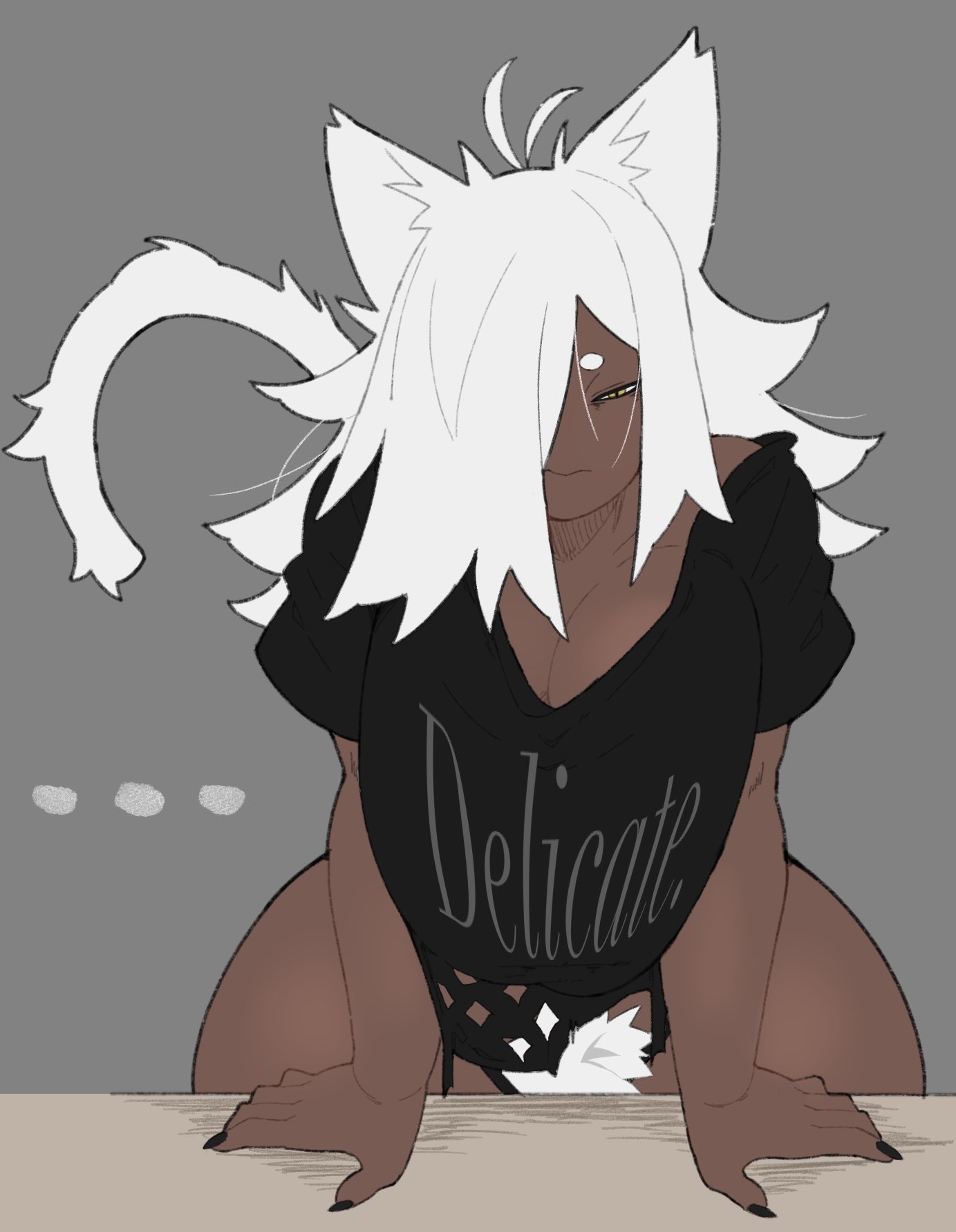 1girls, big breasts, catgirl, dark skin, hairy pussy, large breasts, nahla (vammzu), pubes, pubes exposed, tail, torn clothes, torn clothing, vammzu, white fur, white hair