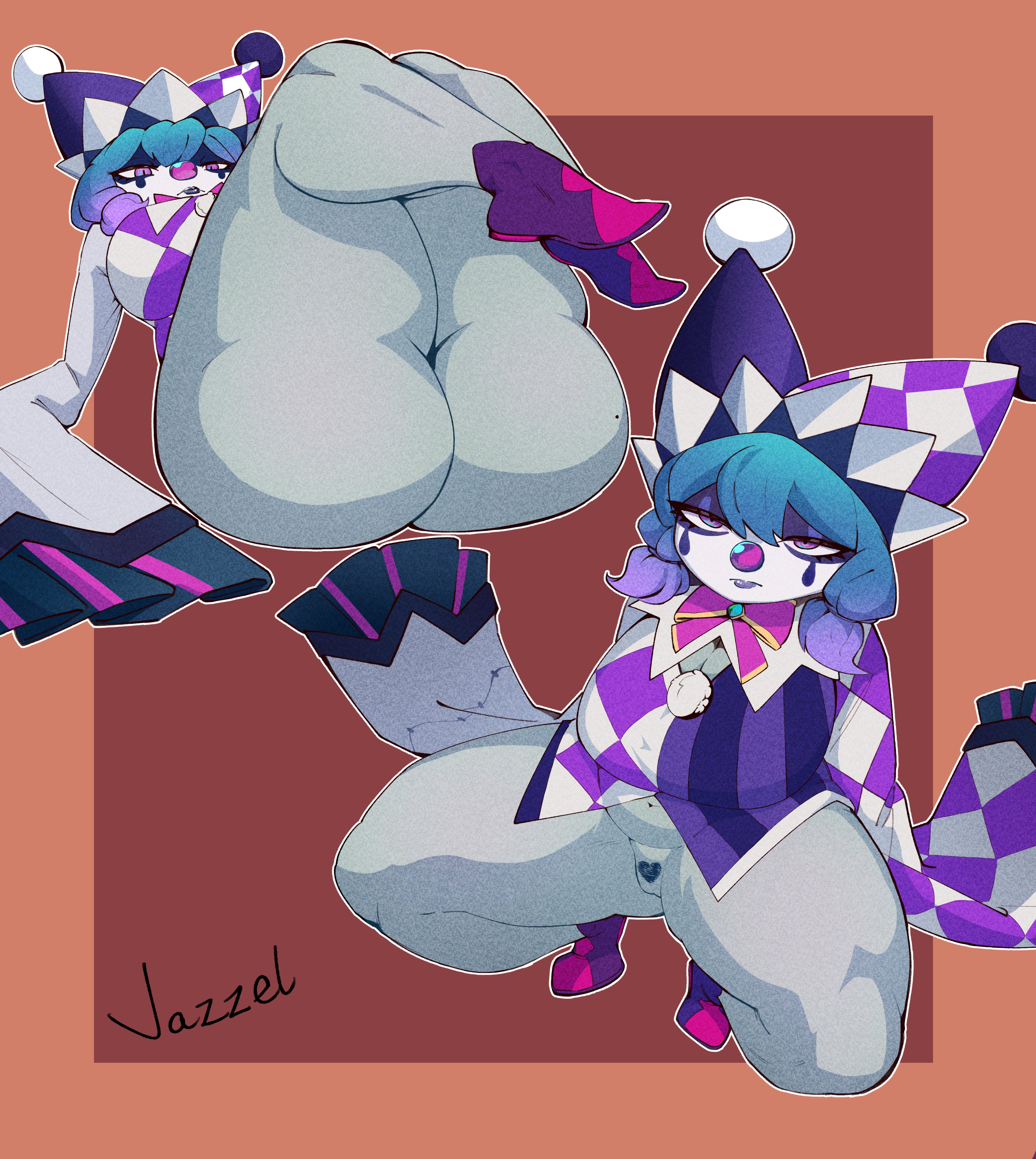 big breasts, big butt, blue hair, bottomless, clown, clown girl, clown nose, eyelashes, front view, heart pubes, jazzelart, league of legends, long sleeves, looking at viewer, navel, pubic hair, purple eyes, pussy, surprise party vex, the grind series, thick thighs, vex (league of legends), wide hips, yordle