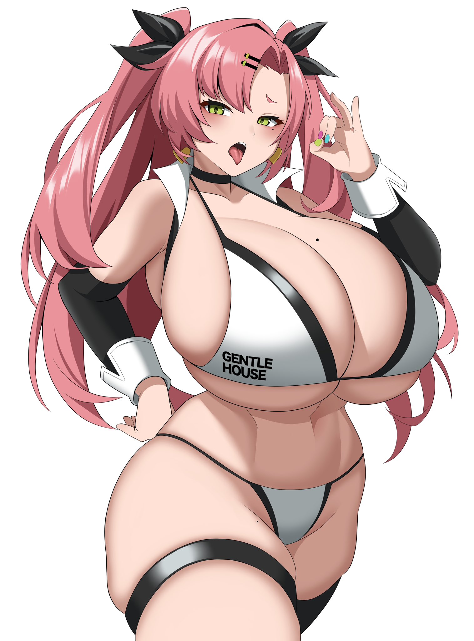 1girl, alternate breast size (larger), bare shoulders, bikini, black ribbon, breasts, cleavage, crop top, earrings, green eyes, hair ornament, hair ribbon, hairclip, heart, heart earrings, heart necklace, highres, huge breasts, imuzi, jewelry, long hair, looking at viewer, mole, navel, necklace, nicole demara, open mouth, pink hair, ribbon, single thighhigh, smile, solo, strapless, swimsuit, thighhighs, two side up, white bikini, zenless zone zero