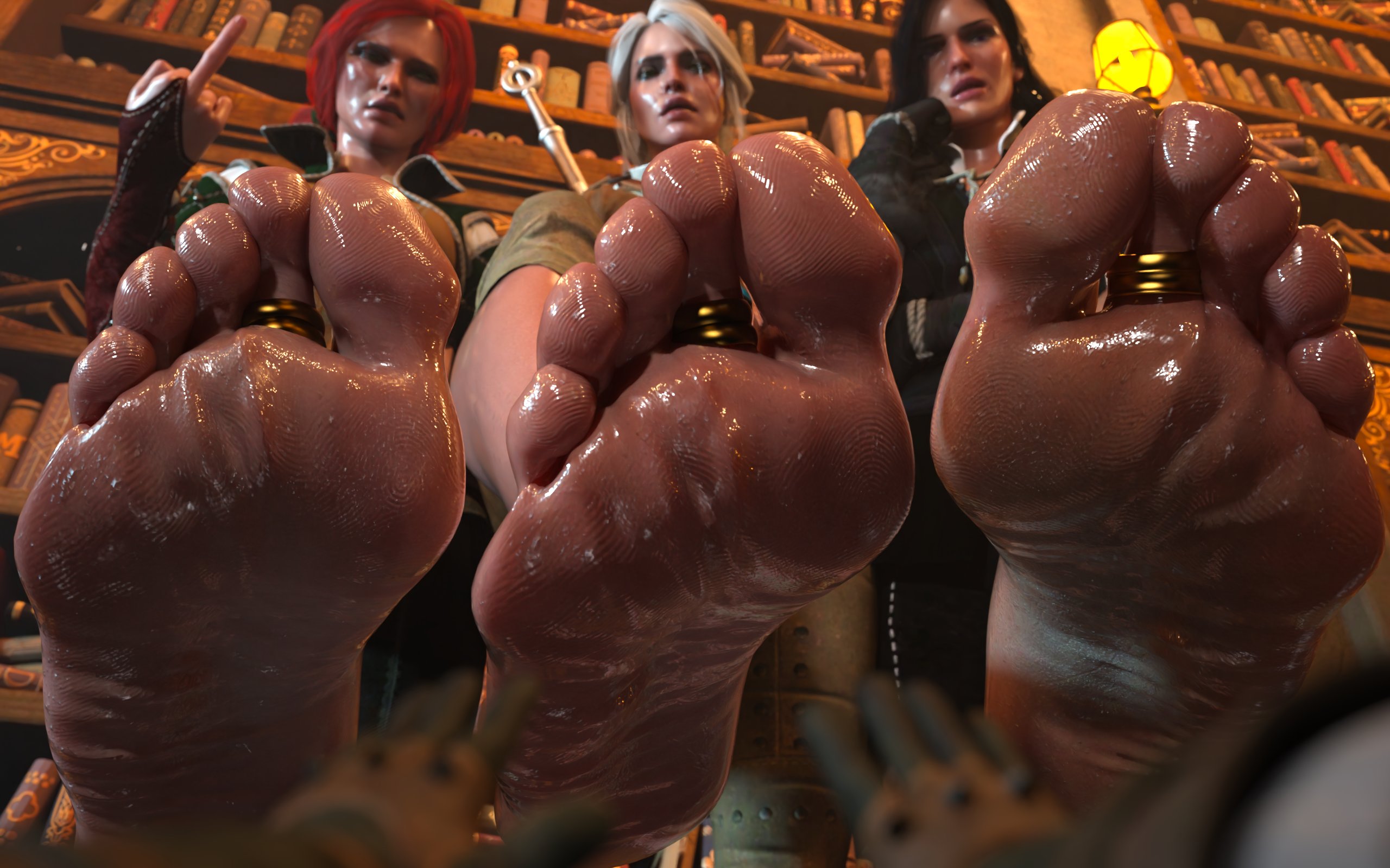 ariasor, barefoot, black gloves, cd projekt red, ciri, feet, foot fetish, foot focus, gloves, pov, soles, the witcher (series), the witcher 3: wild hunt, toes, triss merigold, yennefer