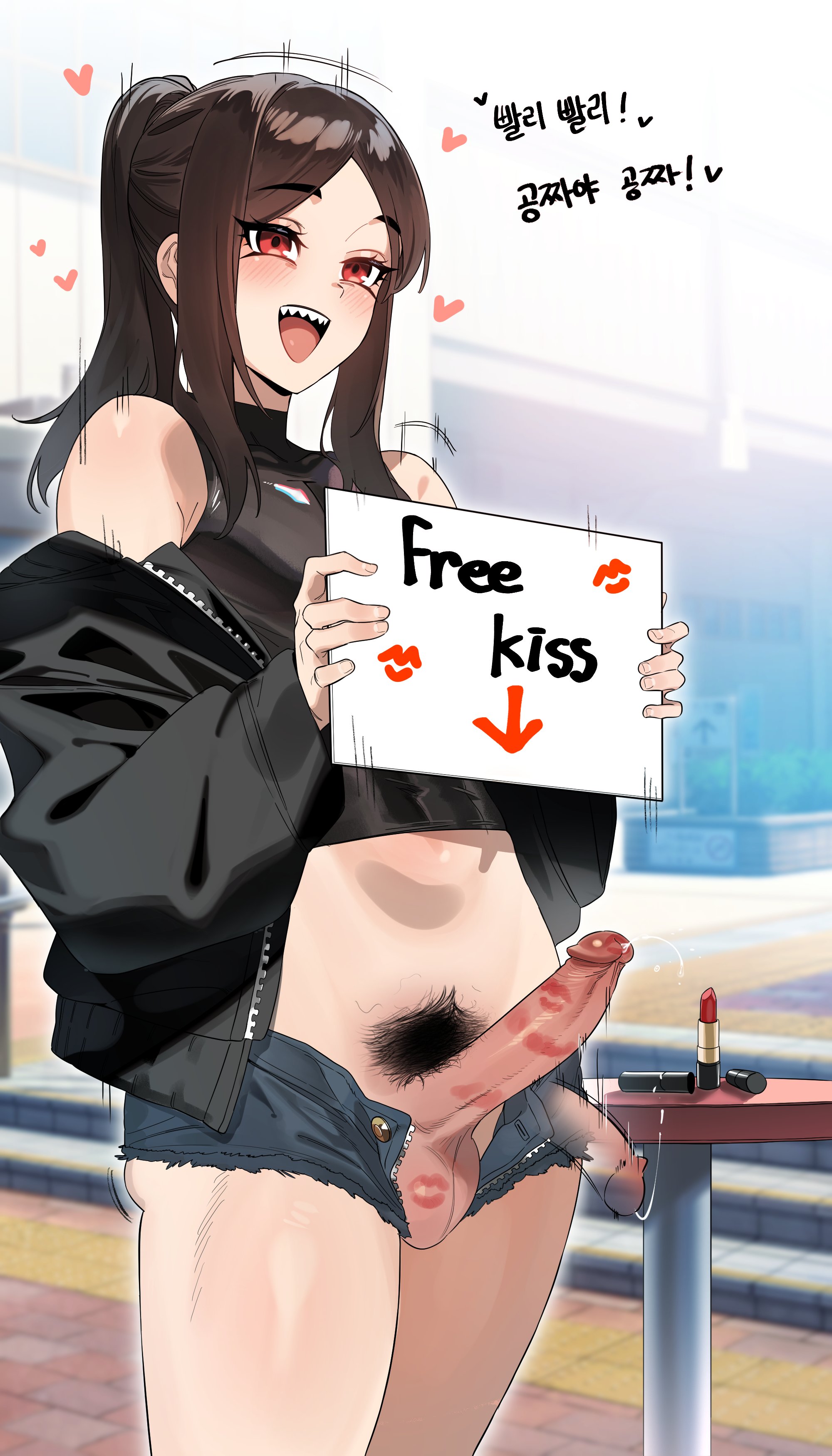 1boy, ain (in), balls, bush, bushy pubes, erect penis, erection, femboy, feminine male, hard on, holding sign, in (ain), kiss mark, light skin, light-skinned male, lipstick, lipstick on balls, lipstick on penis, male, male only, penis, pubic hair, red eyes, sharp teeth, tagme, trap, twink, veiny penis