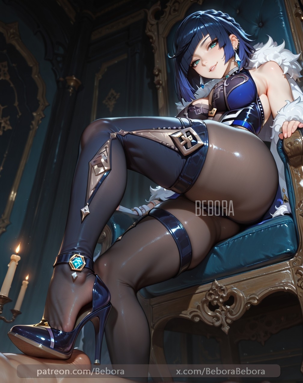 1girls, ai generated, bebora, big breasts, breasts, female, femdom, foot fetish, genshin impact, legs, light skin, light-skinned female, looking at viewer, patreon, yelan (genshin impact)