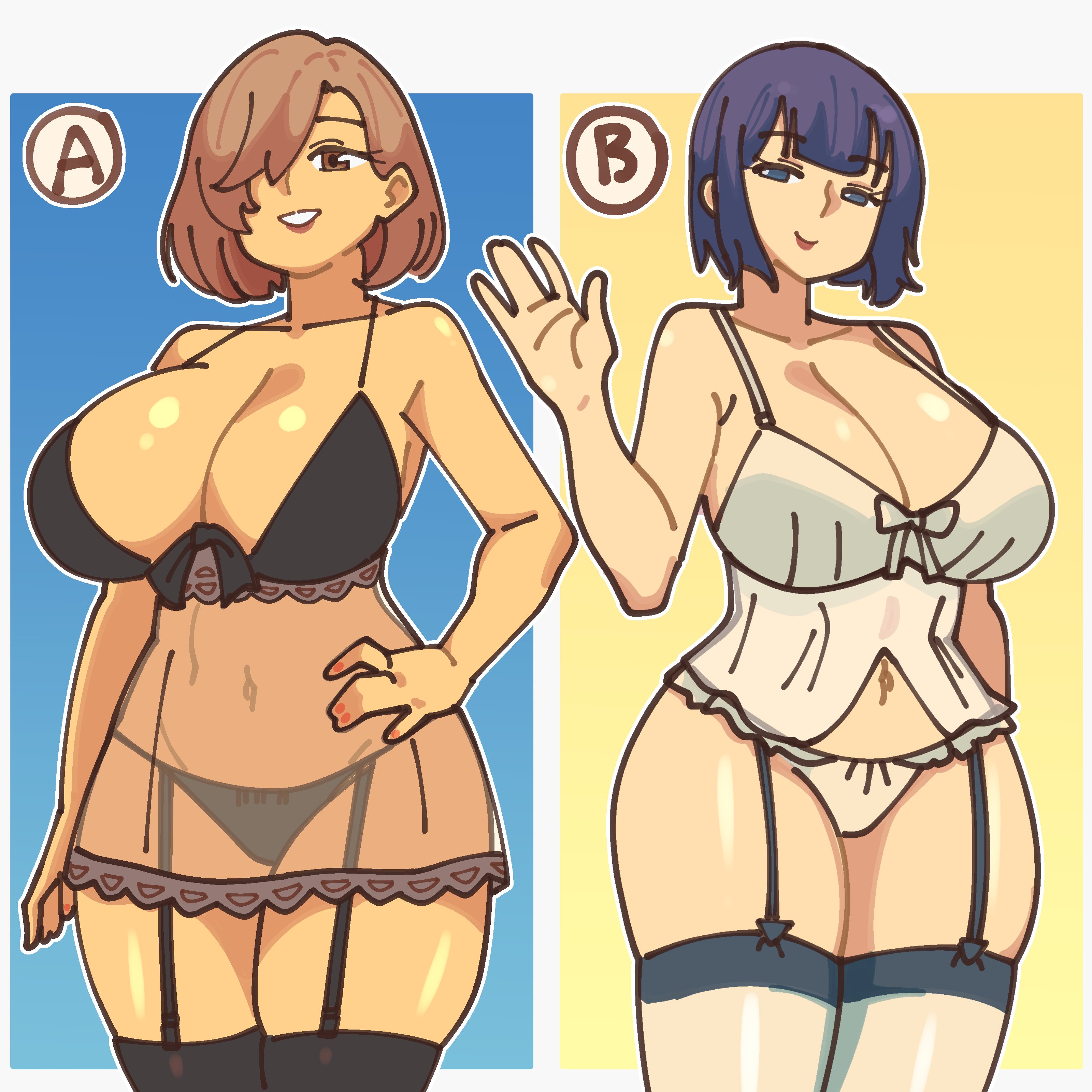 2girls, big breasts, black bra, black panties, black thighhighs, blue eyes, blue hair, bra, breasts, brown eyes, brown hair, cleavage, female, female only, garter straps, hair, hair over one eye, hand on hip, huge breasts, legwear, lingerie, mature, mature female, mature woman, mayu naisu, milf, mother, nightgown, original, panties, ribbon, short hair, smile, take your pick, thick thighs, thighhighs, thighs, white bra, white panties, white thighhighs