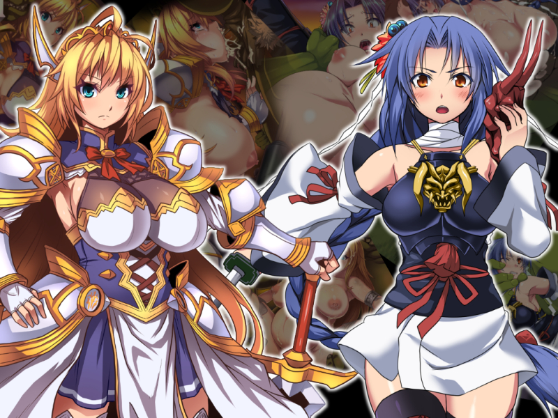 2girls angry areolae armor armpits bare_shoulders blonde_hair blue_eyes blue_hair blush braid breasts brown_eyes cleavage clothing detached_sleeves fellatio fingerless_gloves funamushi_(funa) gauntlets gloves greaves headgear knight kumacchi large_breasts long_hair looking_at_viewer mask multiple_girls ninja nipples open_mouth oral original pauldrons sideboob skirt standing sword tagme thighhighs torn_clothes weapon