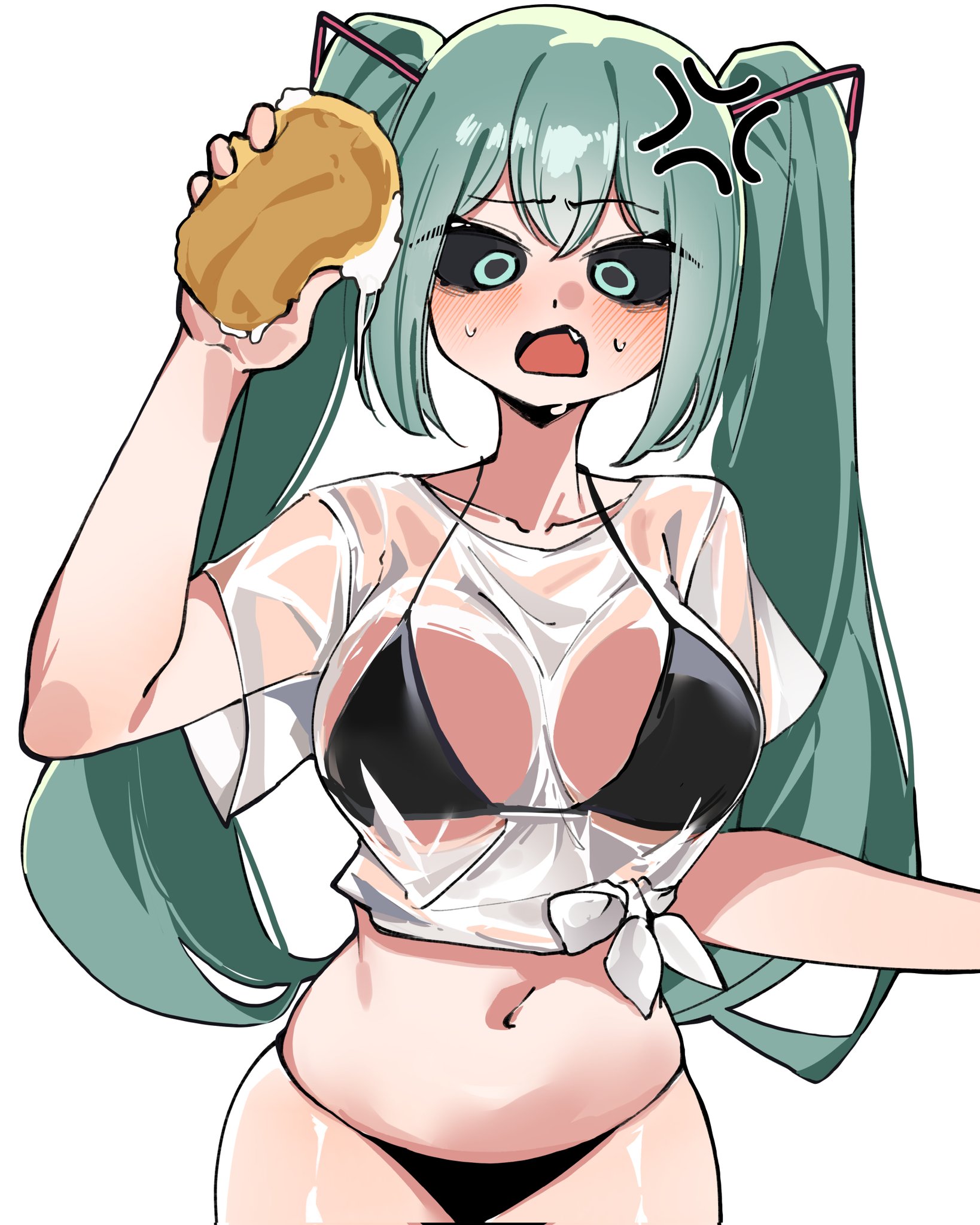 1girl, accidental exposure, anger vein, aqua eyes, aqua hair, bangs, bikini, bikini top, bikini under clothes, black bikini, black sclera, blush, breasts, car wash, colored sclera, embarrassed, fang, gaga onon, green hair, hatsune miku, holding, large breasts, long hair, looking at viewer, navel, open mouth, see-through, see-through clothing, shiny skin, shiny thighs, shirt, shocked, simple background, solo, sponge, swimsuit, thighs, tied shirt, transparent clothing, twintails, uno (game), very long hair, vocaloid, wardrobe malfunction, wet, wet clothes, wet clothing, wet shirt, white background, white shirt