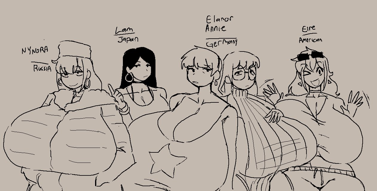 5girls, breasts, curvy, elanor (lewdicrousart), female, female only, huge breasts, lam (lewdsicrousart), lewdicrousart, looking at viewer, monochrome, tagme
