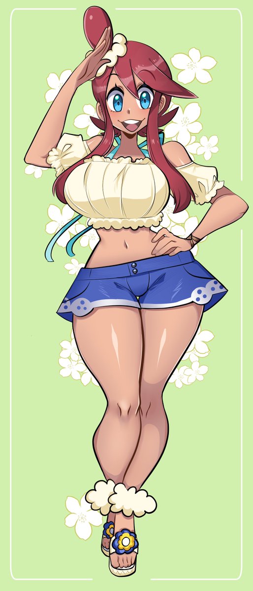 1girls, bikini, bikini under clothes, breasts, feet, female, hourglass figure, huge breasts, huge thighs, looking at viewer, missandydandy, navel, open mouth, open toe footwear, open toe shoes, pokemon, pokemon bw, pokemon masters, red hair, sandals, short shorts, skyla (pokemon), skyla (summer 2025) (pokemon masters), smile, solo, swimsuit, upper teeth