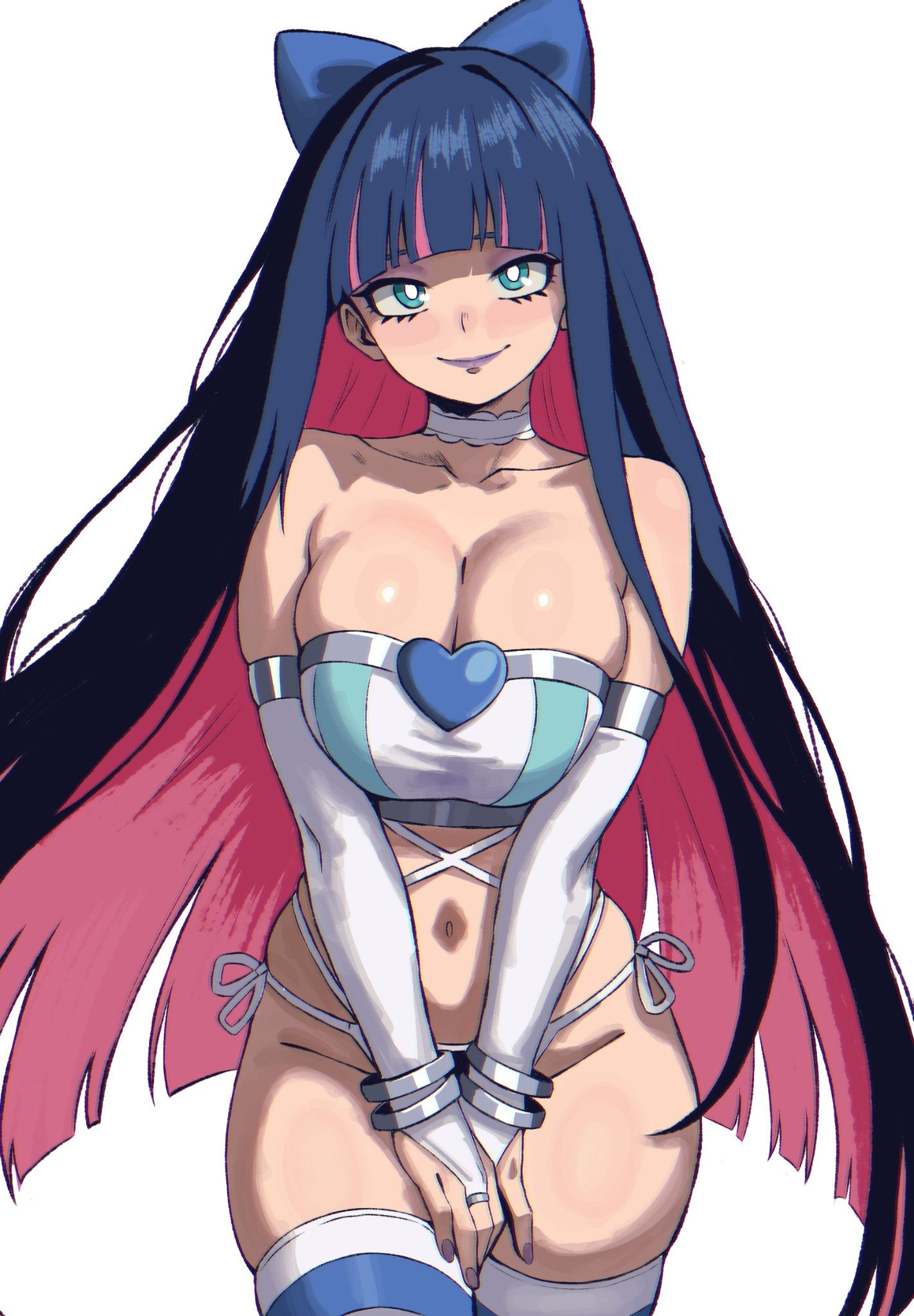 1girls, angel, big breasts, blue eyes, blue hair, breasts, busty, choker, cleavage, curvy, enji masterbiy, female, hairbow, panty & stocking with garterbelt, pink hair, purple lipstick, stocking anarchy, stockings, thighhighs, thong, white background