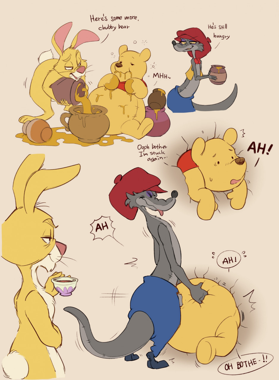 4pcsset, anal, anthro, anthro on anthro, bear, bunny, coffee, dialogue, disney, english text, gay, hi res, honey, humor, looking at another, male, male only, moaning, plushie, pooh bear, rabbit, rabbit (winnie the pooh), rape, stan the woozle, stuck, stuck in wall, text, weasel, weight gain, winnie the pooh, winnie the pooh (franchise)