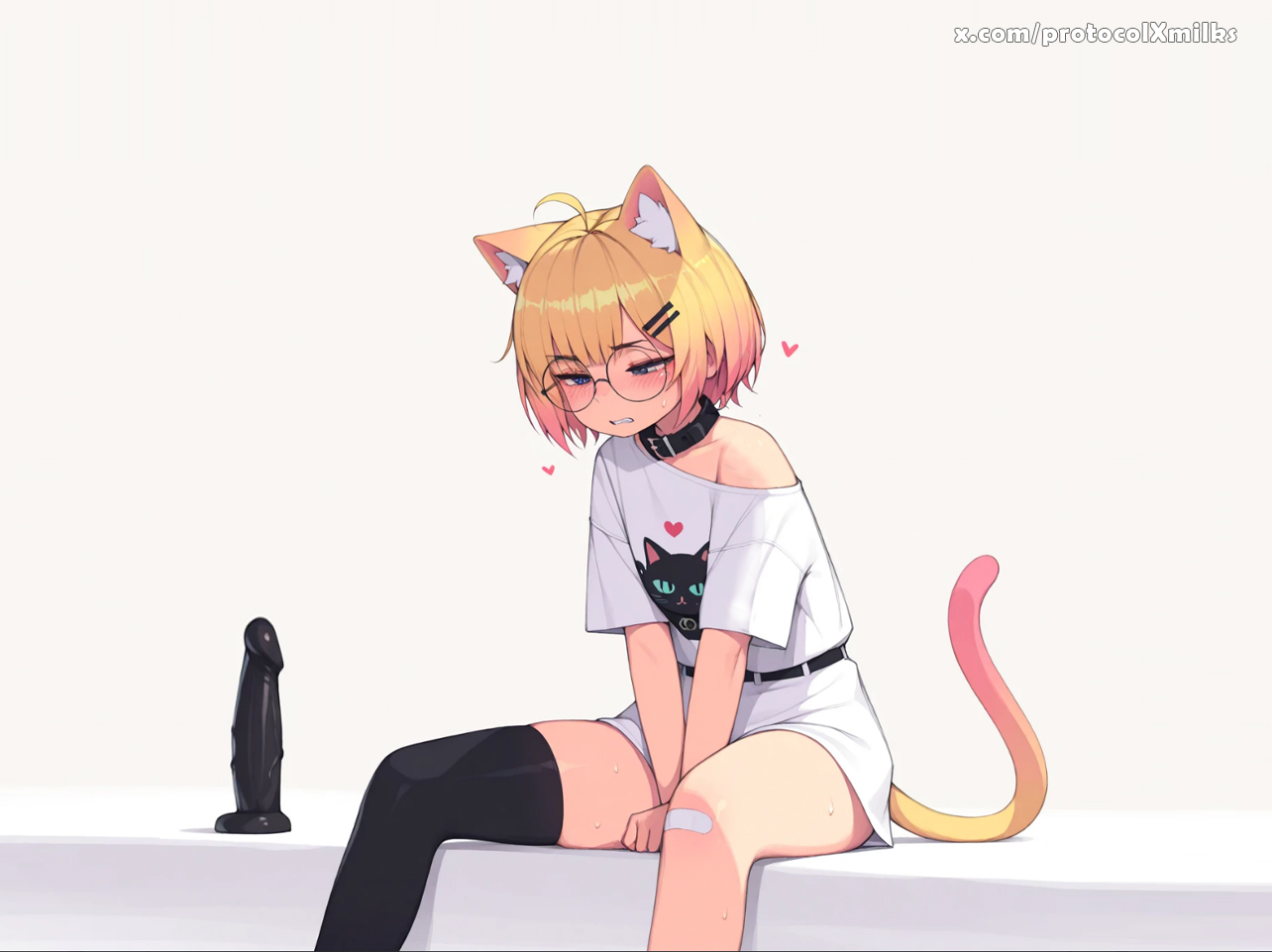 1girl, ahoge, ai assisted, ai generated, animal collar, animal ear fluff, animal ears, asymmetrical legwear, bandaid, bandaid on knee, bandaid on leg, bangs, belt, between legs, black belt, black collar, black thighhighs, blonde hair, blue eyes, blush, cat ears, cat girl, cat tail, clenched teeth, collar, cute, dildo, female, glasses, hair ornament, hairclip, hand between legs, heart, incest, off shoulder, print shirt, protocolxmilks, round eyewear, sex toy, shirt, short hair, short sleeves, simple background, single thighhigh, sister, sitting, solo, sweat, tail, teeth, thighhighs, white background, white shirt