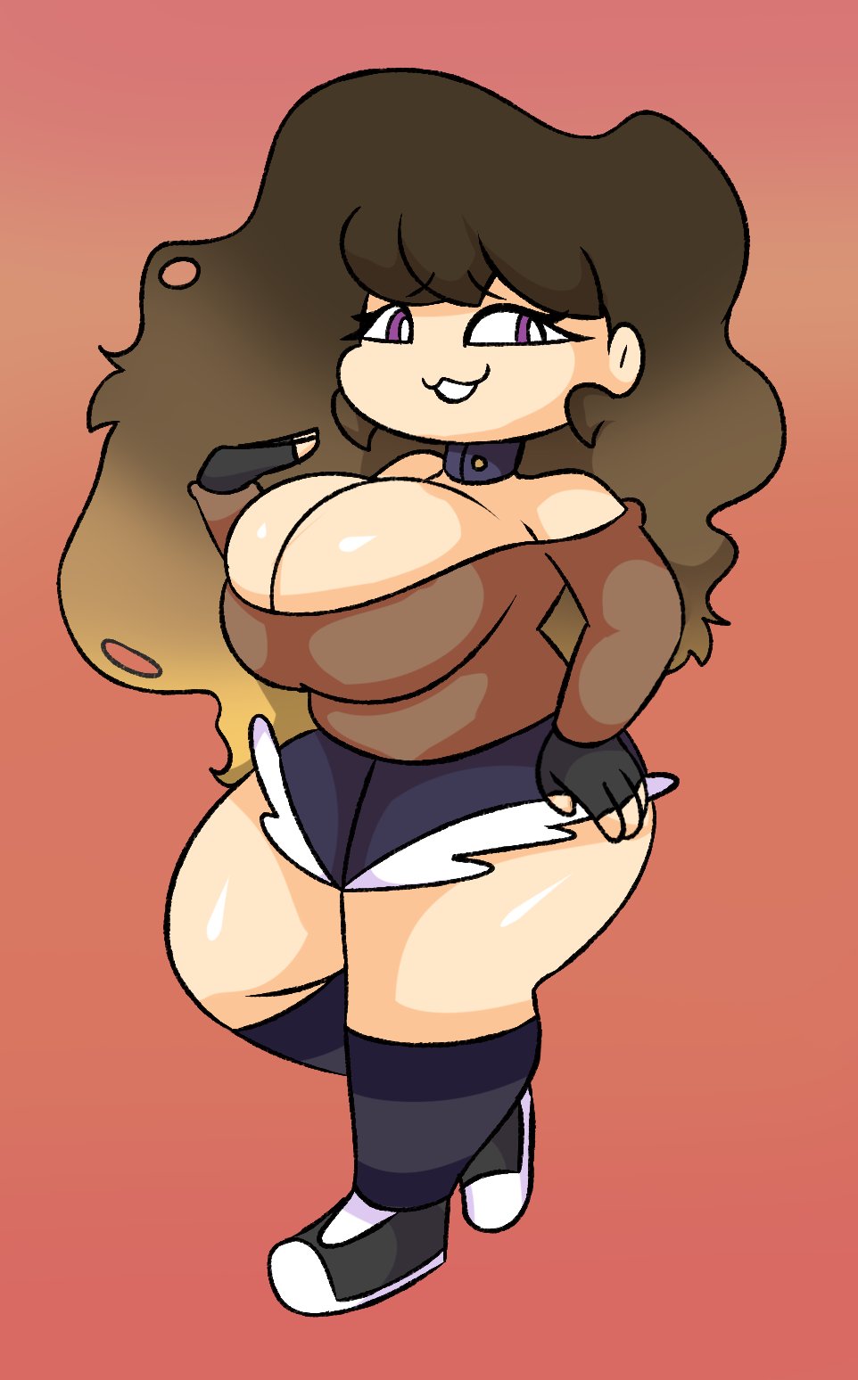 1girls, ass, bbw, big ass, big breasts, big thighs, black fingerless gloves, black gloves, breasts, brown hair, brown-haired female, chikiababy, choker, chubby, chubby female, creamblue, fat ass, female, fingerless gloves, fnf mods, friday night funkin, friday night funkin mod, huge ass, huge breasts, long hair, official art, orange background, pink eyes, plump, purple eyes, short shorts, shorts, shoulderless sweater, simple background, skyblue, skyblue (friday night funkin), skyverse, smile, striped legwear, striped socks, thick thighs, thighhighs, thighs, twitter, twitter link, twitter username, two-tone hair