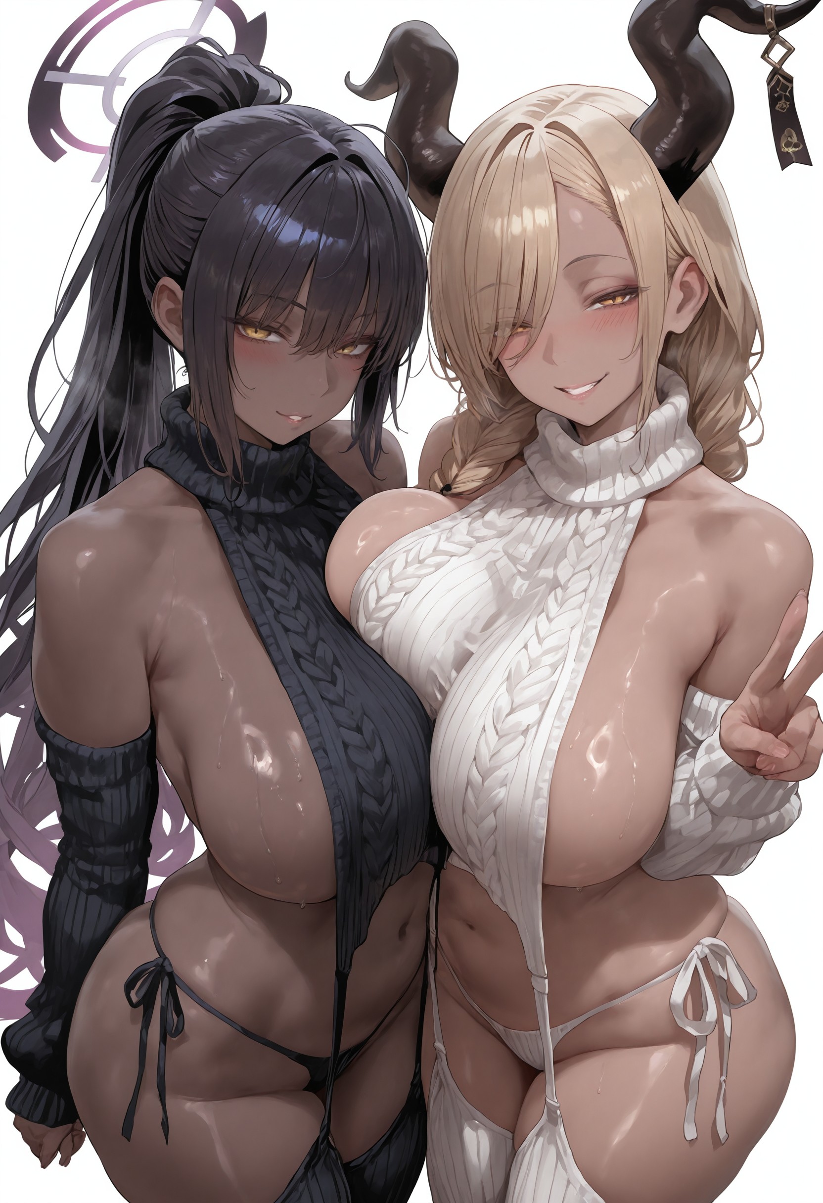 ai generated, azur lane, black hair, blonde hair, blue archive, breasts, brown skin, crossover, dark skin, dark-skinned female, female, flyingpancake, gyaru, hi res, hips, horns, huge breasts, karin (blue archive), long hair, naughty face, owari (azur lane), sweater, tan-skinned female, tanned skin, thick thighs, wide hips